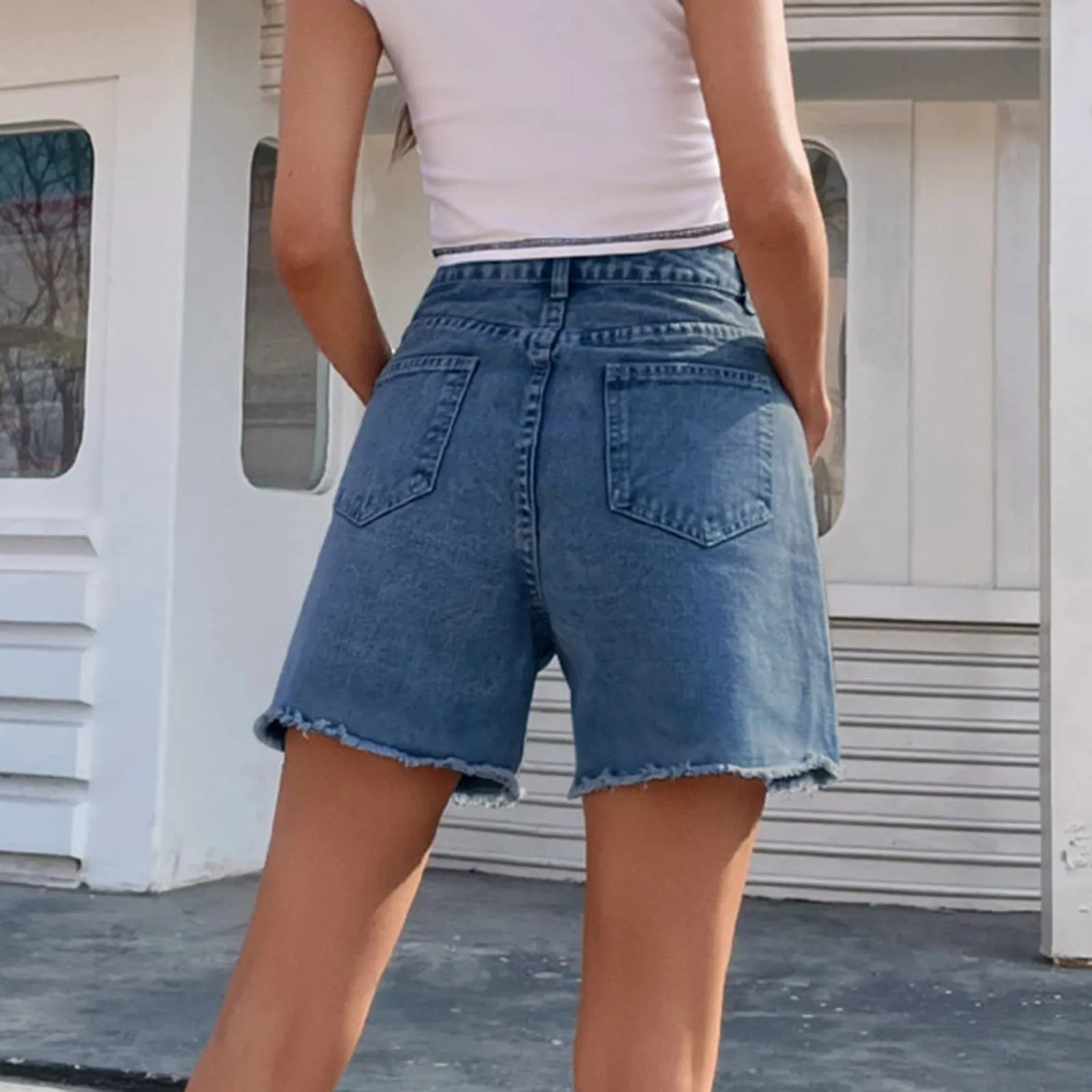 Generico Jeans Corti Donna - Pantaloncini Jeans Donna Elegante Vita Alta Stretch Larghi Cusual con Orlo Sfilacciato Strappato Pantaloncini Slim Fit Estivi Corti Pantaloni con Tasche - immagine 2