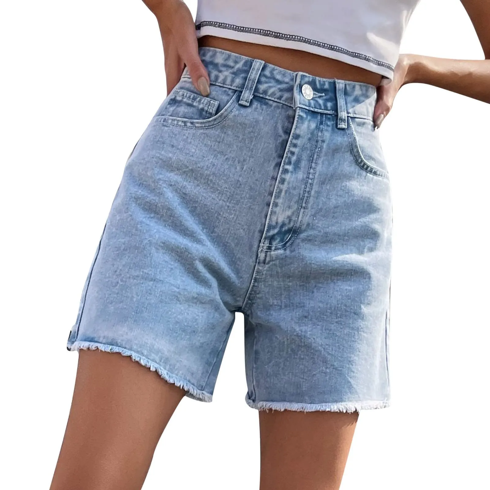 Generico Jeans Corti Donna - Pantaloncini Jeans Donna Elegante Vita Alta Stretch Larghi Cusual con Orlo Sfilacciato Strappato Pantaloncini Slim Fit Estivi Corti Pantaloni con Tasche - immagine 1