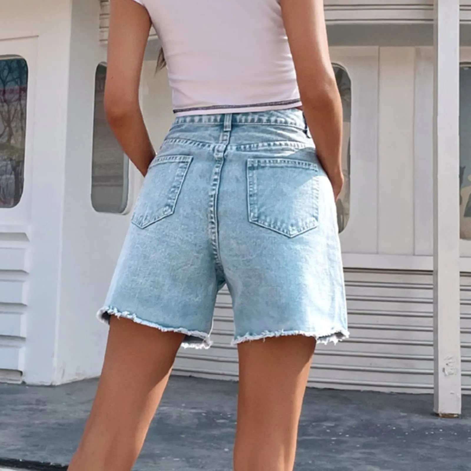 Generico Jeans Corti Donna - Pantaloncini Jeans Donna Elegante Vita Alta Stretch Larghi Cusual con Orlo Sfilacciato Strappato Pantaloncini Slim Fit Estivi Corti Pantaloni con Tasche - immagine 2