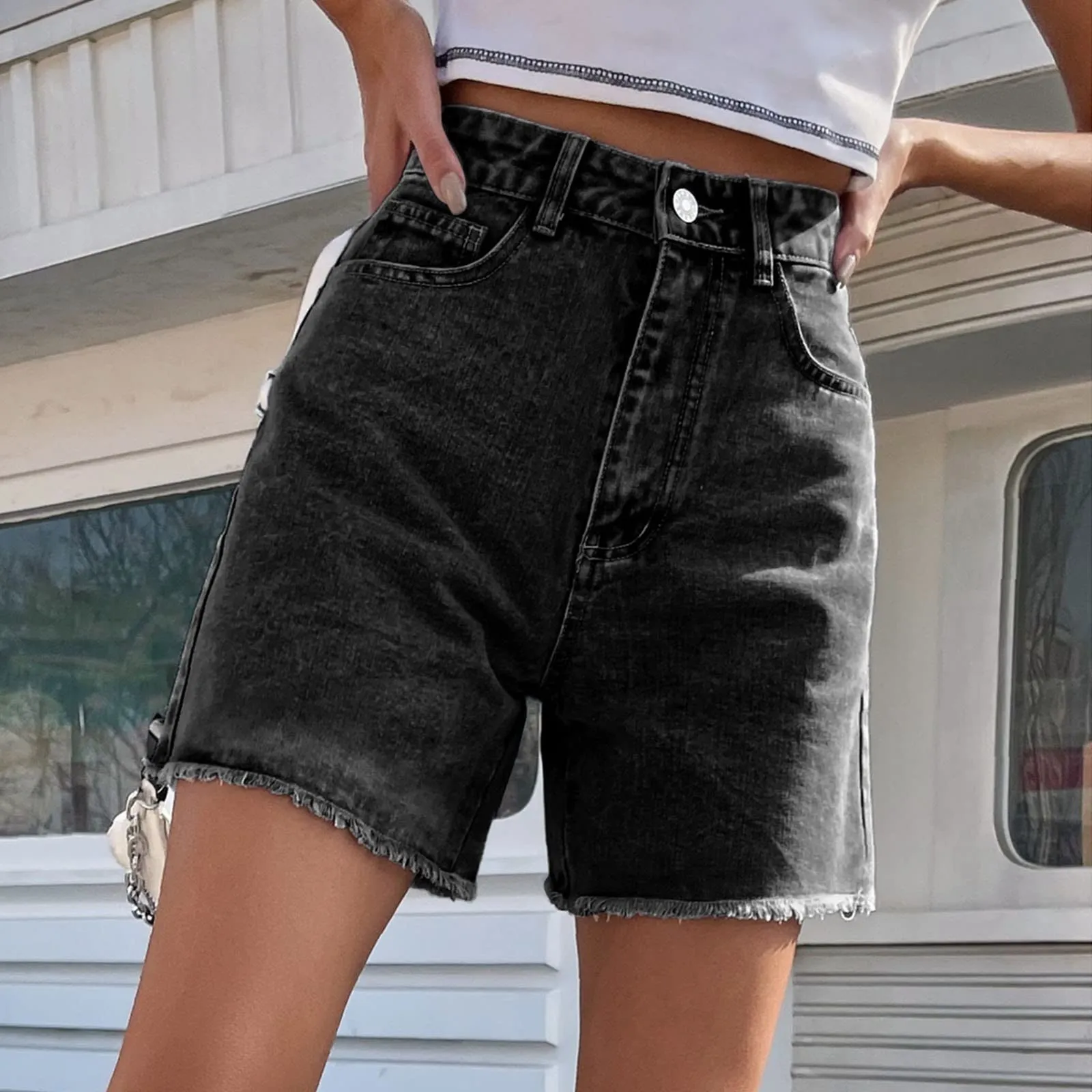 Generico Jeans Corti Donna - Pantaloncini Jeans Donna Elegante Vita Alta Stretch Larghi Cusual con Orlo Sfilacciato Strappato Pantaloncini Slim Fit Estivi Corti Pantaloni con Tasche - immagine 3