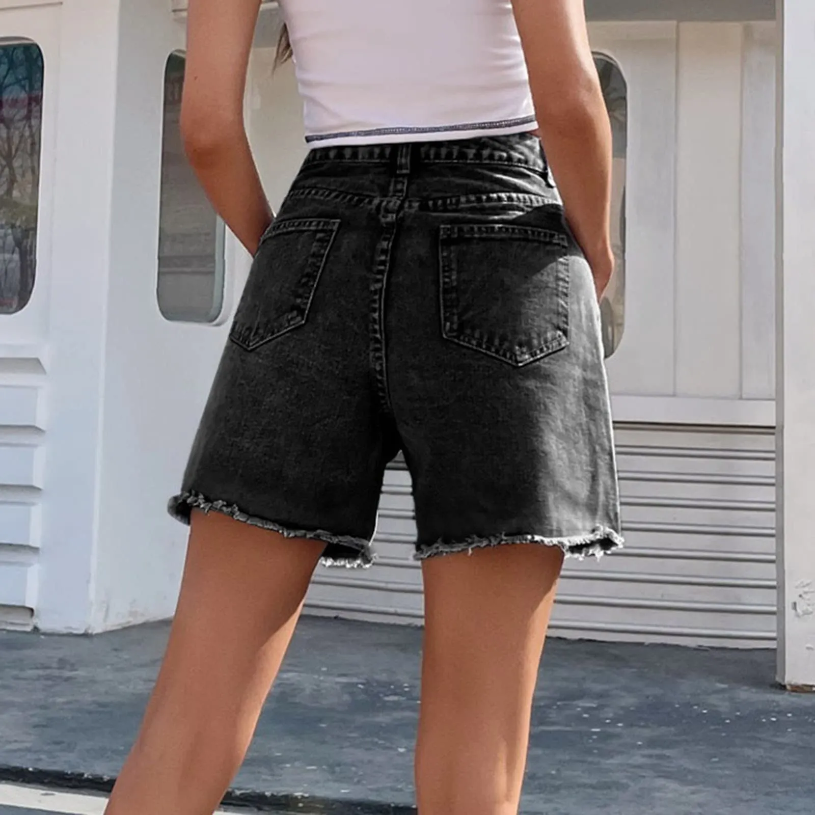 Generico Jeans Corti Donna - Pantaloncini Jeans Donna Elegante Vita Alta Stretch Larghi Cusual con Orlo Sfilacciato Strappato Pantaloncini Slim Fit Estivi Corti Pantaloni con Tasche - immagine 4