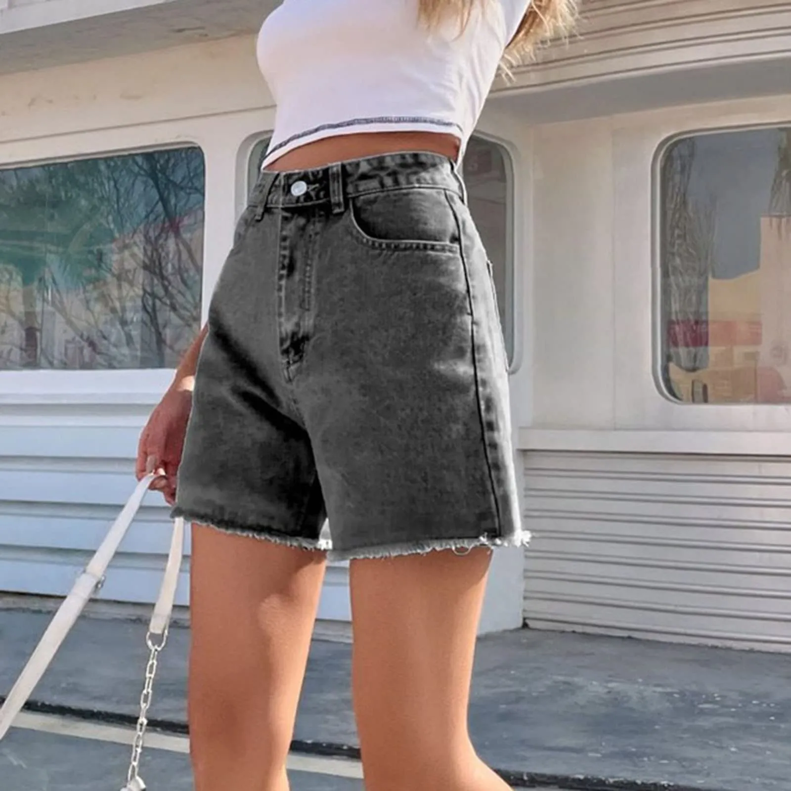Generico Jeans Corti Donna - Pantaloncini Jeans Donna Elegante Vita Alta Stretch Larghi Cusual con Orlo Sfilacciato Strappato Pantaloncini Slim Fit Estivi Corti Pantaloni con Tasche - immagine 5