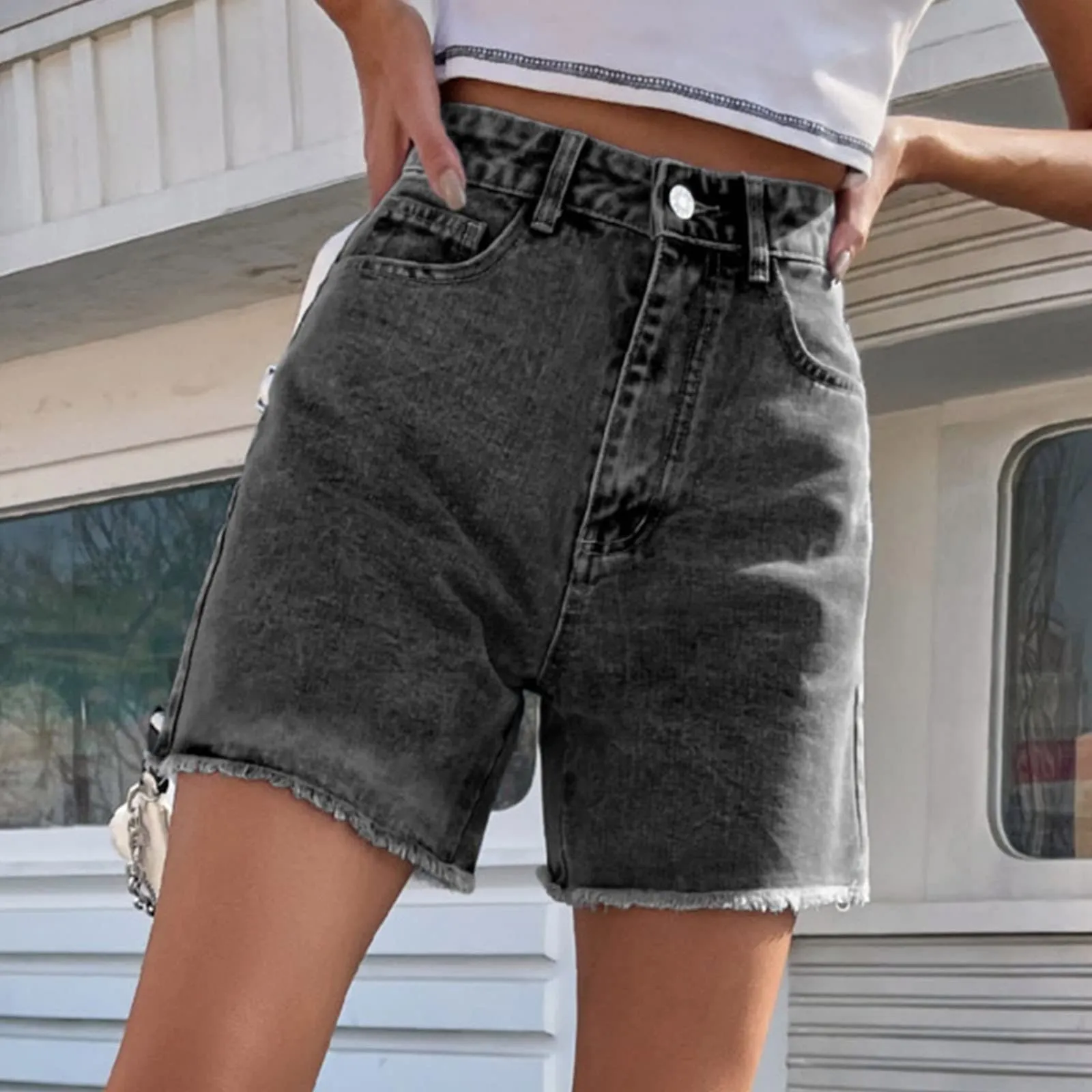 Generico Jeans Corti Donna - Pantaloncini Jeans Donna Elegante Vita Alta Stretch Larghi Cusual con Orlo Sfilacciato Strappato Pantaloncini Slim Fit Estivi Corti Pantaloni con Tasche - immagine 3