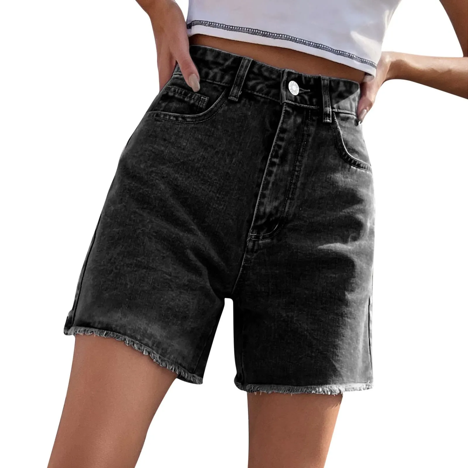 Generico Jeans Corti Donna - Pantaloncini Jeans Donna Elegante Vita Alta Stretch Larghi Cusual con Orlo Sfilacciato Strappato Pantaloncini Slim Fit Estivi Corti Pantaloni con Tasche - immagine 1