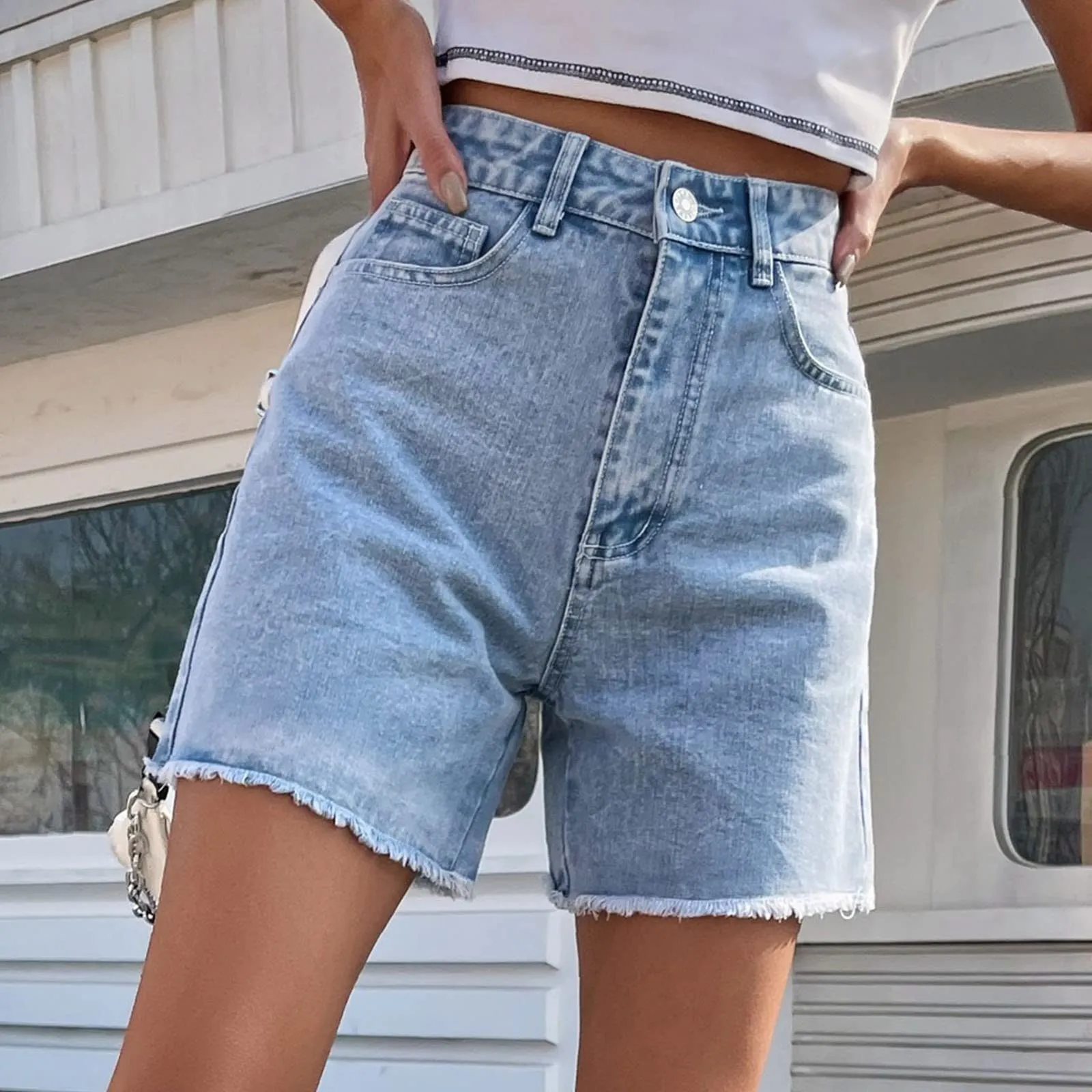 Generico Jeans Corti Donna - Pantaloncini Jeans Donna Elegante Vita Alta Stretch Larghi Cusual con Orlo Sfilacciato Strappato Pantaloncini Slim Fit Estivi Corti Pantaloni con Tasche - immagine 3