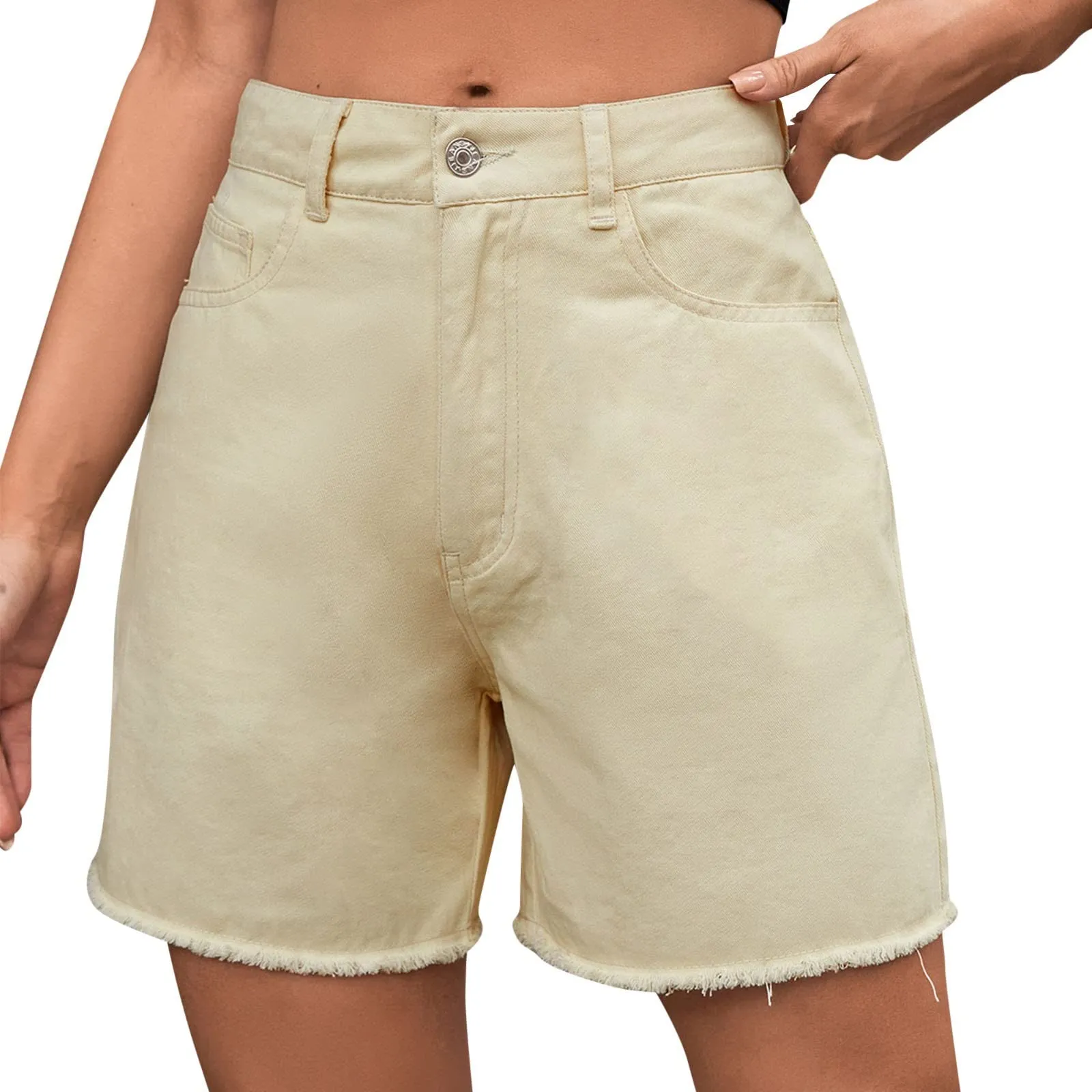 Generico Jeans Corti Donna - Pantaloncini Jeans Donna Elegante Vita Alta Stretch Larghi Cusual con Orlo Sfilacciato Strappato Pantaloncini Slim Fit Estivi Corti Pantaloni con Tasche - immagine 1