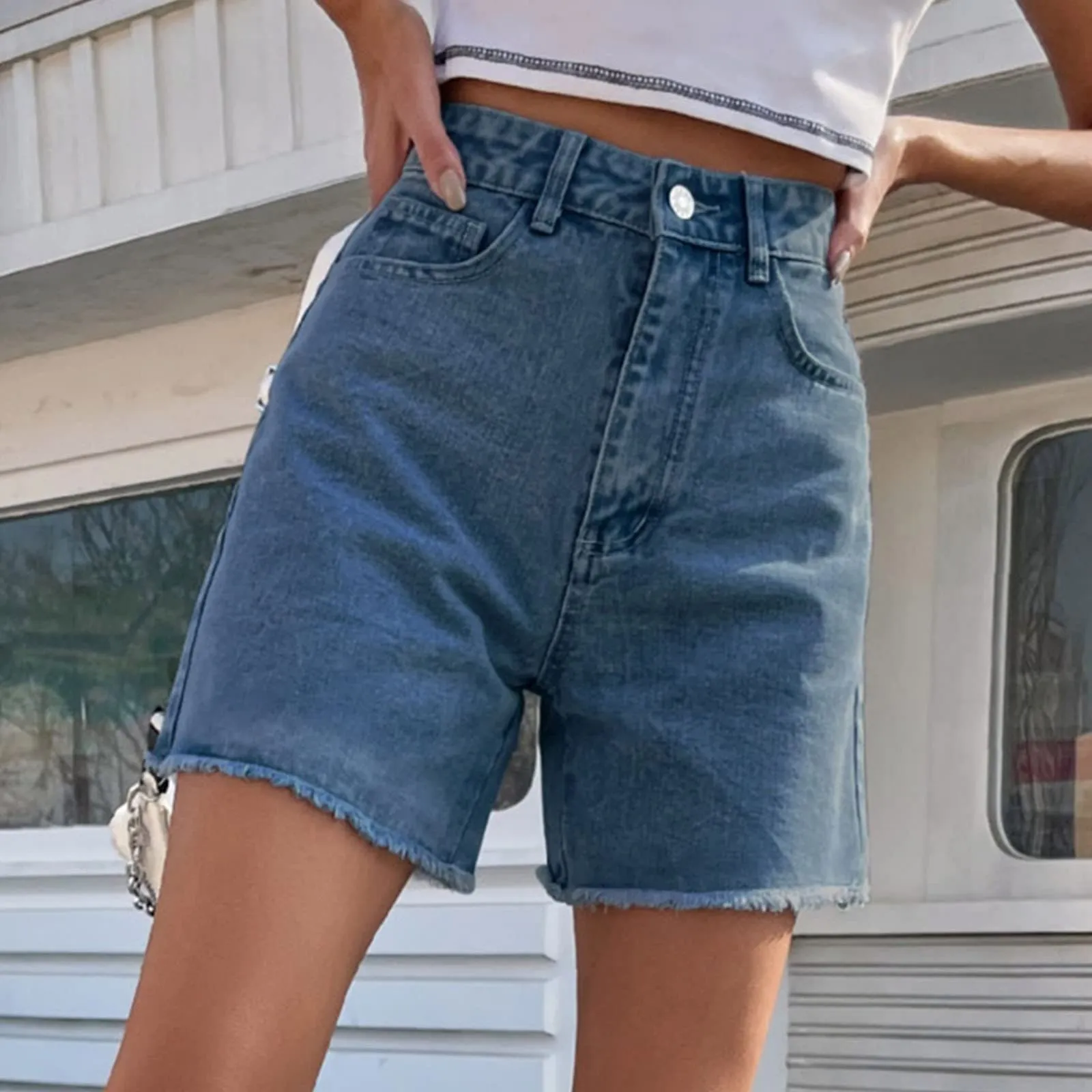 Generico Jeans Corti Donna - Pantaloncini Jeans Donna Elegante Vita Alta Stretch Larghi Cusual con Orlo Sfilacciato Strappato Pantaloncini Slim Fit Estivi Corti Pantaloni con Tasche - immagine 3