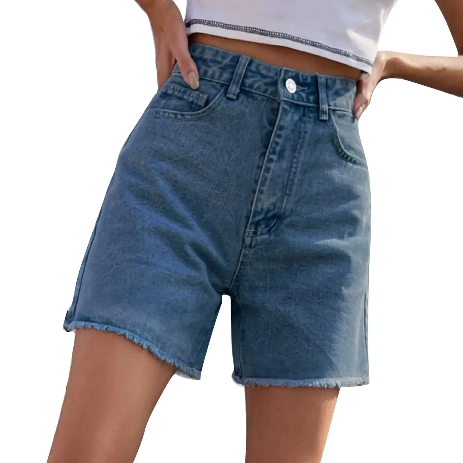 Generico Jeans Corti Donna - Pantaloncini Jeans Donna Elegante Vita Alta Stretch Larghi Cusual con Orlo Sfilacciato Strappato Pantaloncini Slim Fit Estivi Corti Pantaloni con Tasche - immagine 1