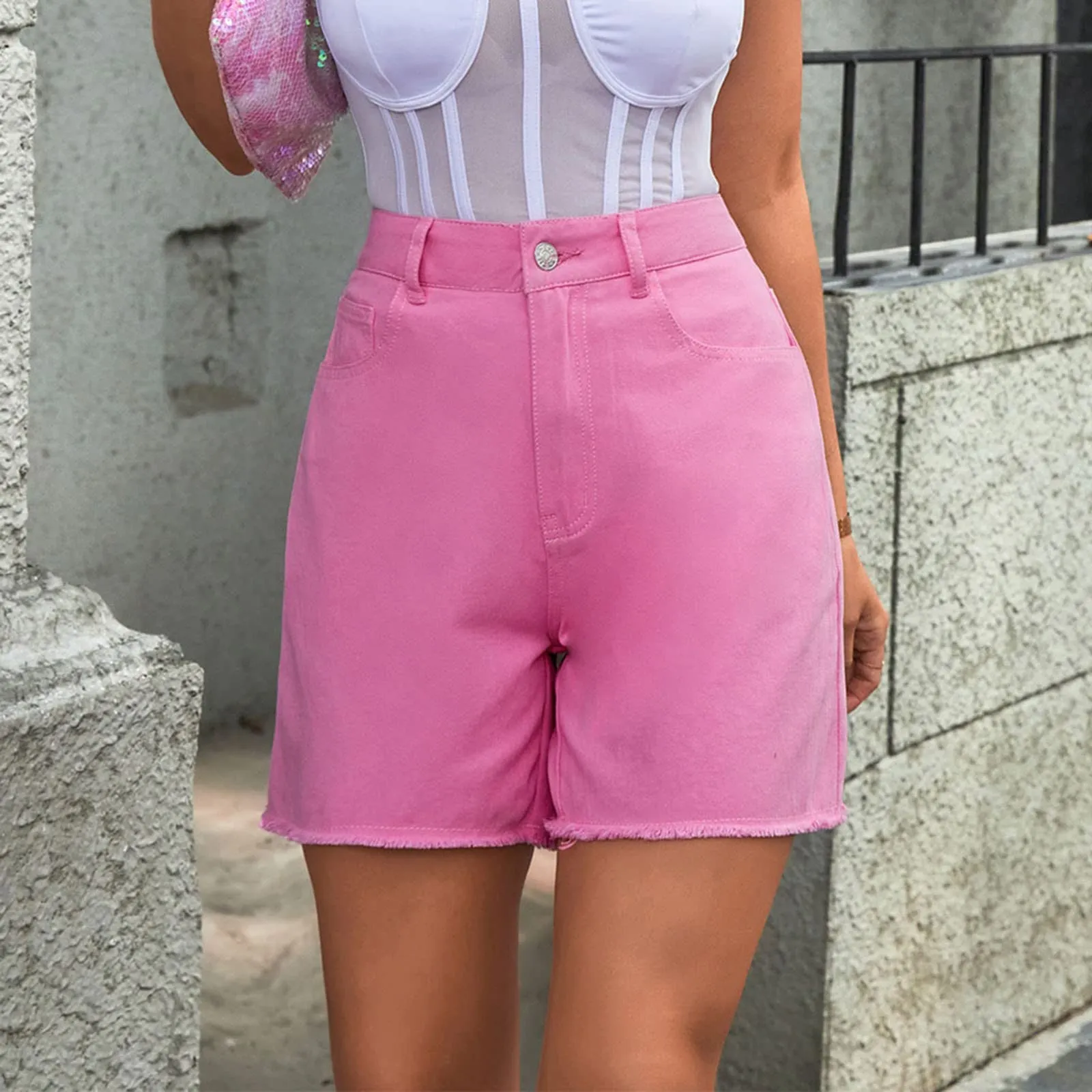 Generico Jeans Corti Donna - Pantaloncini Jeans Donna Elegante Vita Alta Stretch Larghi Cusual con Orlo Sfilacciato Strappato Pantaloncini Slim Fit Estivi Corti Pantaloni con Tasche - immagine 3
