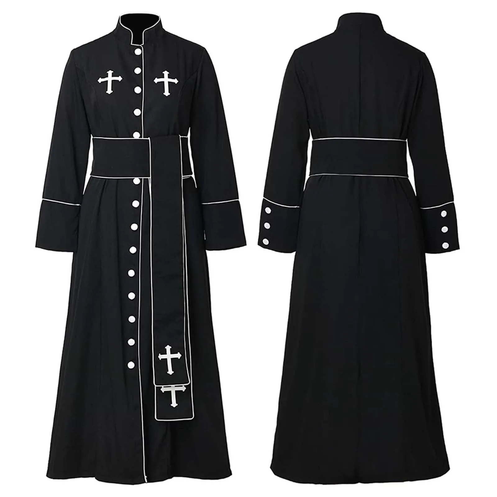 Costume da cosplay da uomo romano chiesa cattolica cappotto sacerdote abito con cintura papa vescovo parroco abito clero vestito con collo sciallato baggy adorazione robe sacerdotale cassock, Nero , L - immagine 1