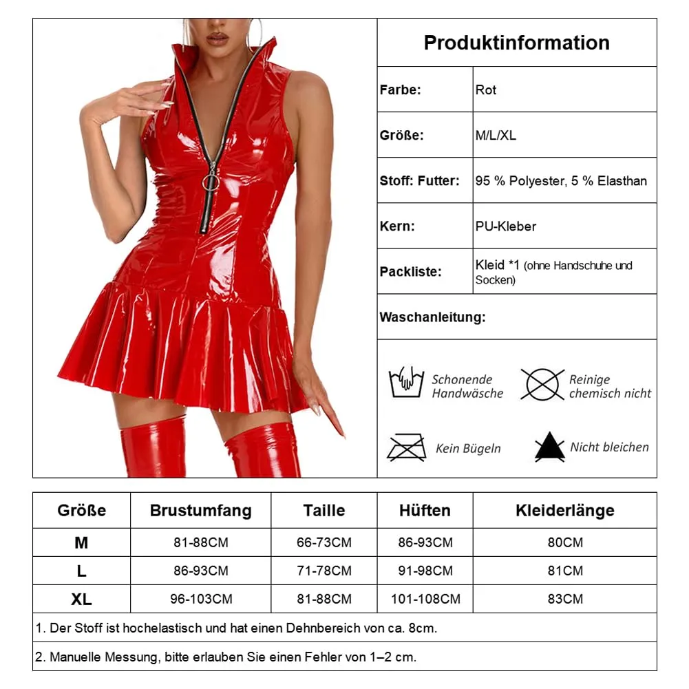 Moinha Mini abito da donna effetto bagnato, in pelle laccata, senza maniche, con chiusura lampo anteriore, gonna a pieghe, slim fit, in pelle laccata, sexy, colore rosso, Colore: rosso, M - immagine 4