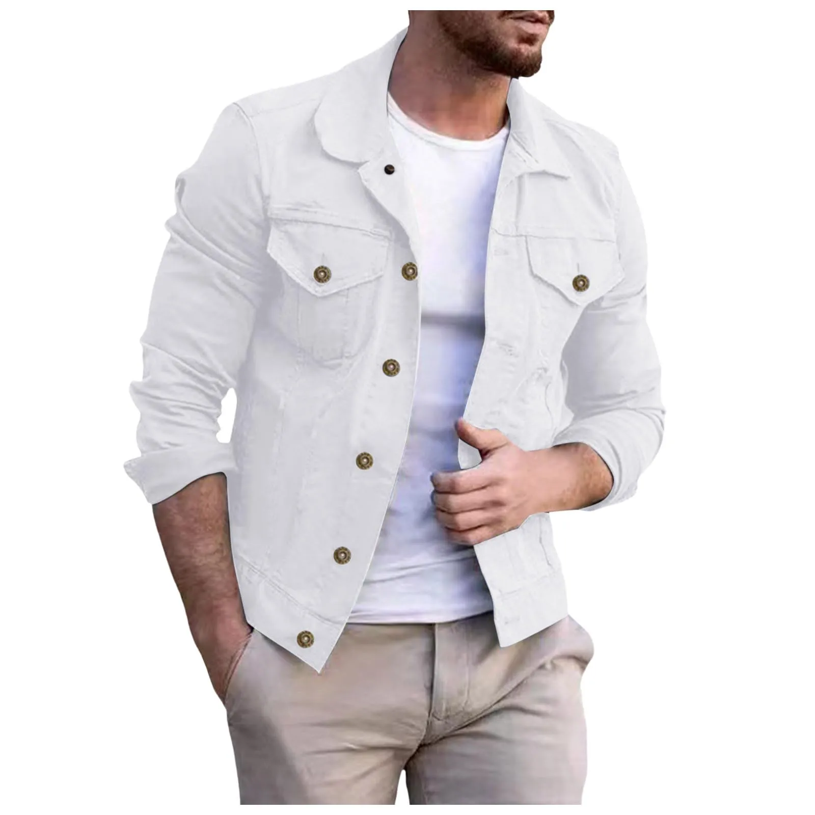 Giacca di Jeans da Uomo, Giacca Uomo Estiva, Risvolto Manica Lunga Giacca di Costume Classico Denim Cotone Loose Tuta Affari Blazer Giacca con Tasche Giacca in Jeans Rider Jacket Denim - immagine 1