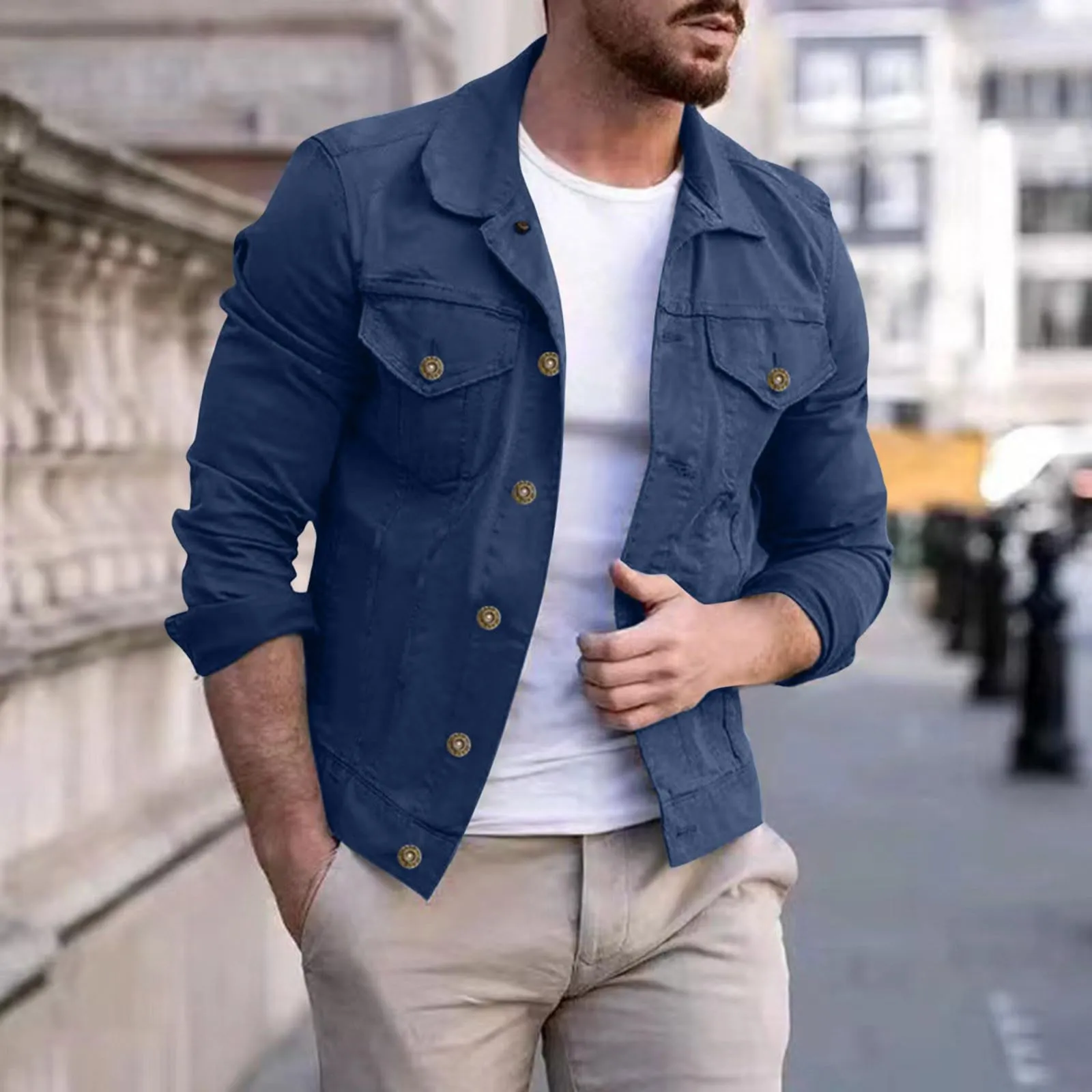 Giacchetto Jeans Uomo, Giacca Estiva Uomo, Risvolto Manica Lunga Giacca di Costume Classico Denim Cotone Loose Tuta Affari Blazer Giacca con Tasche Giacca a Vento Denim Jacket - immagine 2