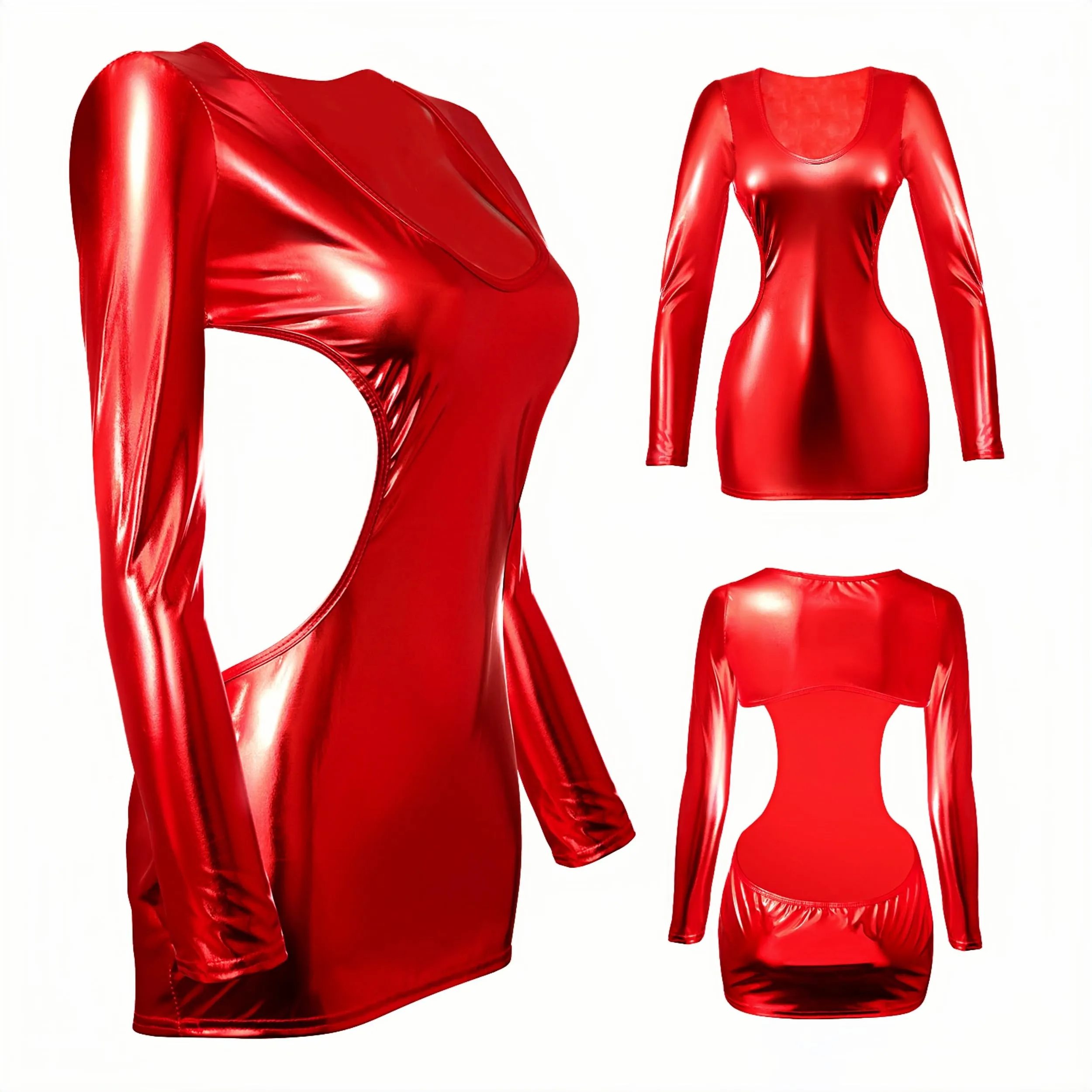ROSVAJFY Lingerie sexy da donna in pelle laccata, abito wetlook sexy in pelle, outfit da club (DE/NL/SE/PL, alfanumerico, taglia unica, regolare, regolare, rosso) - immagine 5