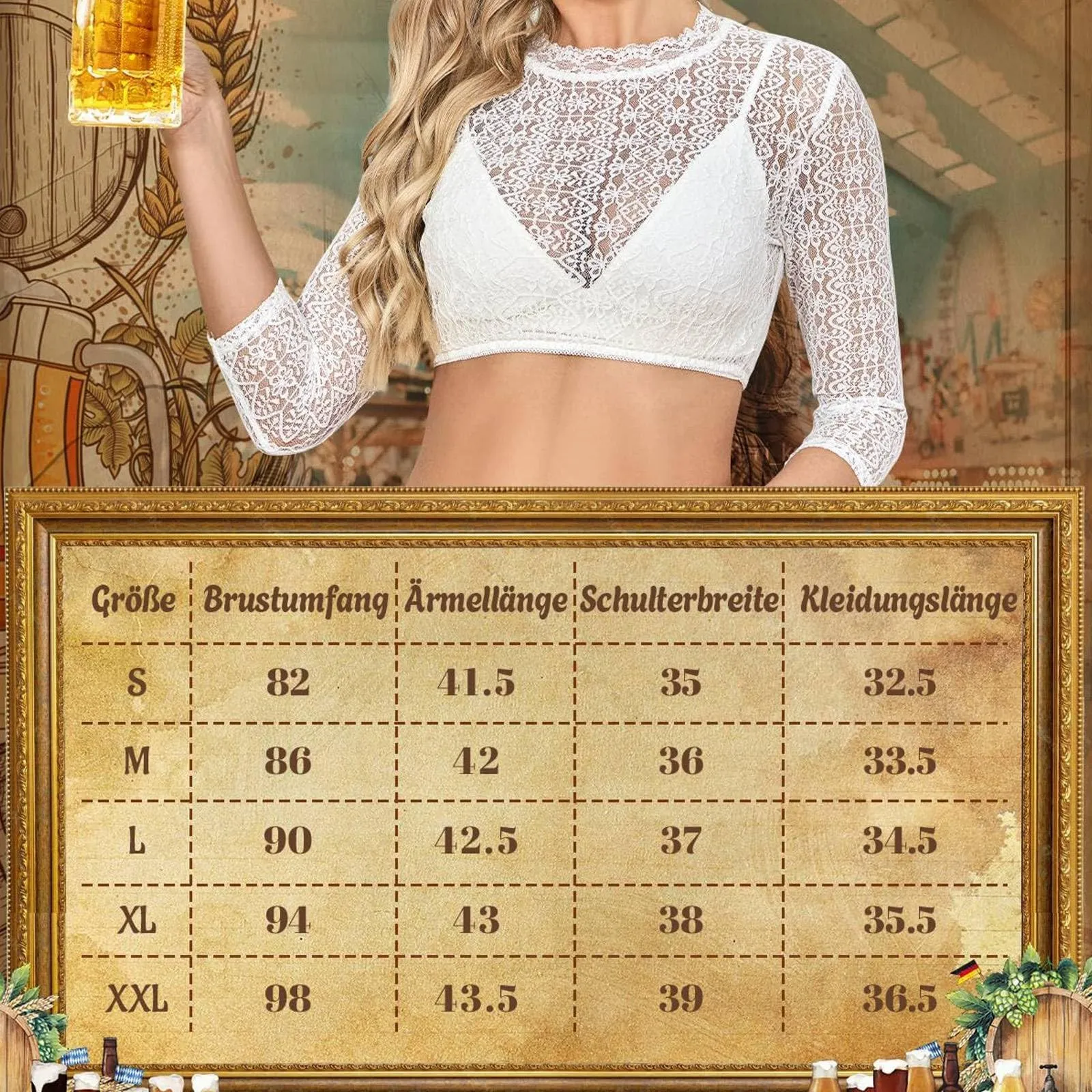Vhersily Germania Oktoberfest Abito Dirndl Camicia Oktoberfest Donna Costume Bavarese Vestito Elegante Colore Bianco, A Maniche Corte per Feste, Halloween, Carnevale e Party Tradizionali, Clubwear - immagine 5
