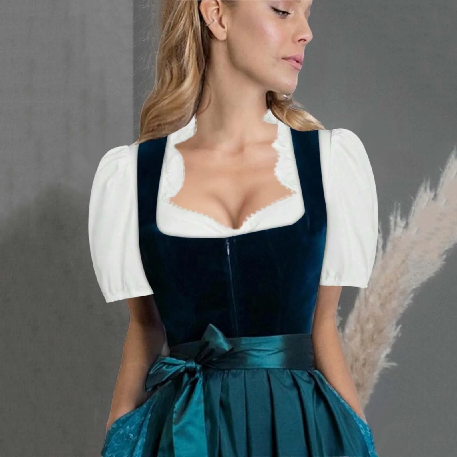 Vhersily Germania Oktoberfest Abito Dirndl Camicia Oktoberfest Donna Costume Bavarese Vestito Elegante Colore Bianco, A Maniche Corte per Feste, Halloween, Carnevale e Party Tradizionali, Clubwear - immagine 3