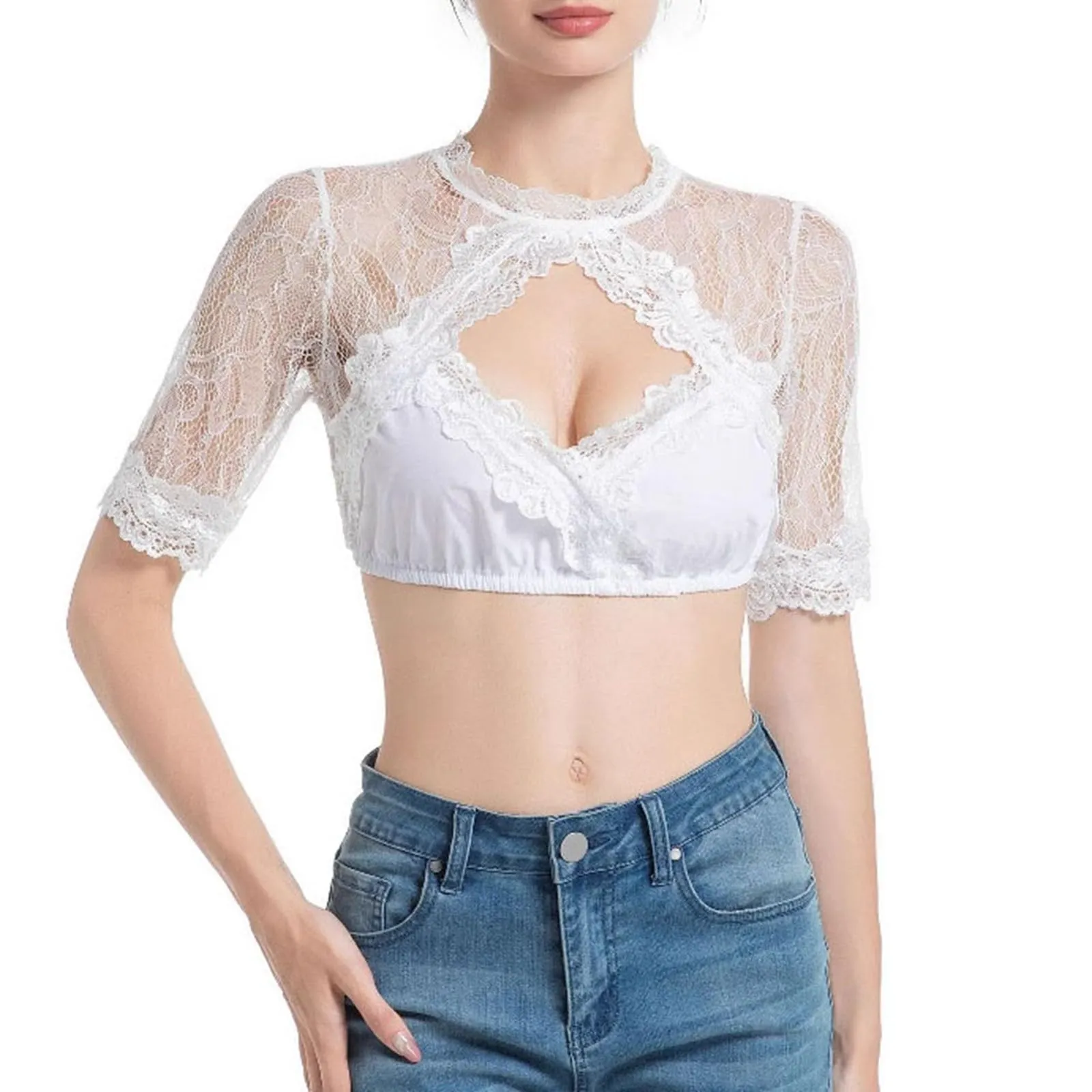 Vhersily Germania Oktoberfest Abito Dirndl Camicia Oktoberfest Donna Costume Bavarese Vestito Elegante Colore Bianco, A Maniche Corte per Feste, Halloween, Carnevale e Party Tradizionali, Clubwear - immagine 6