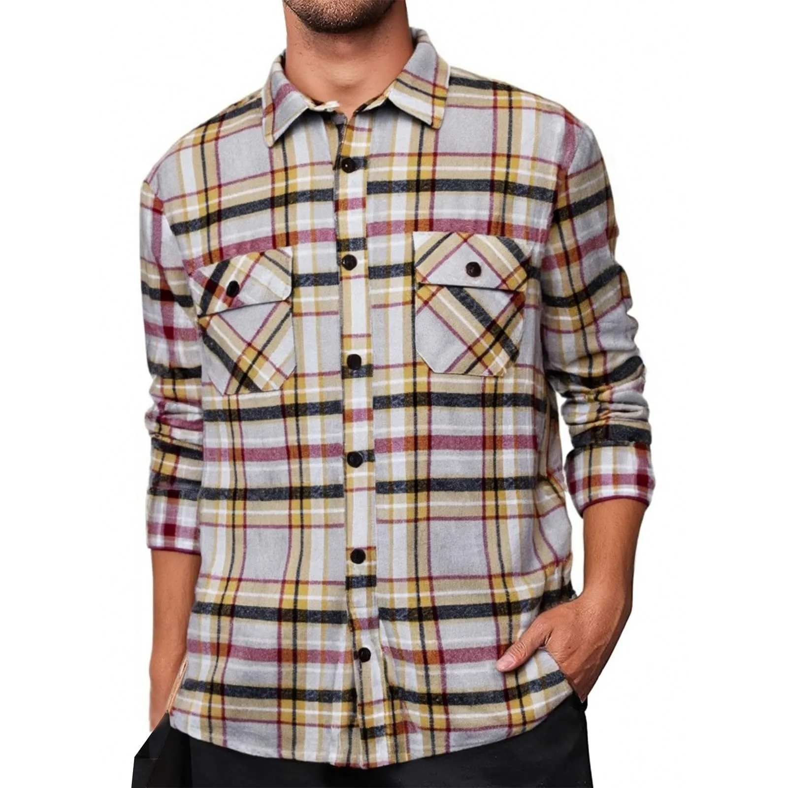 Mymyguoe Camicia a quadri da uomo, a maniche lunghe, con bottoni automatici a pressione, per il tempo libero, con tasca sul petto, vestibilità normale, per la transizione, in flanella, da lavoro - immagine 1