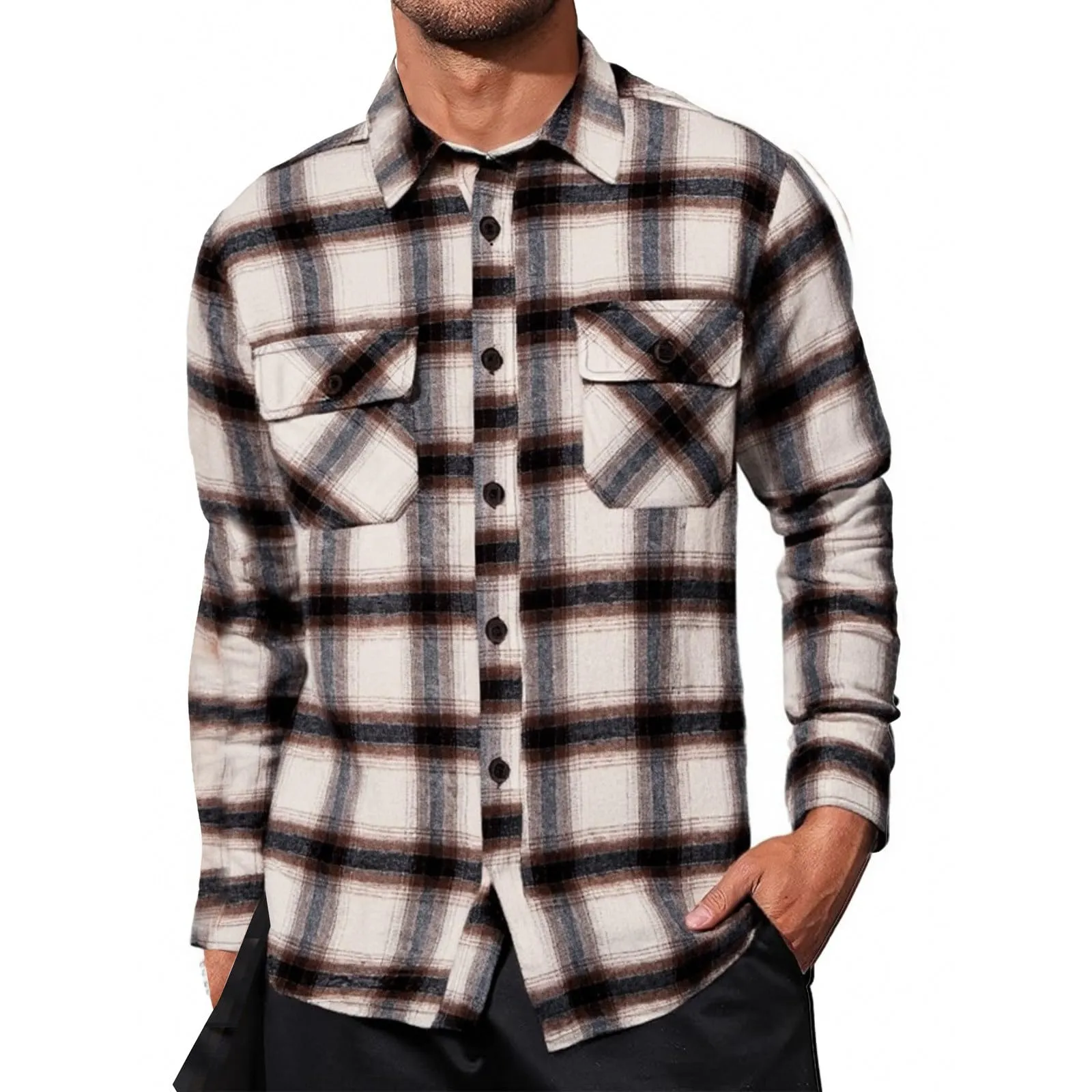 Mymyguoe Camicia a quadri da uomo, a maniche lunghe, con bottoni automatici a pressione, per il tempo libero, con tasca sul petto, vestibilità normale, per la transizione, in flanella, da lavoro - immagine 1