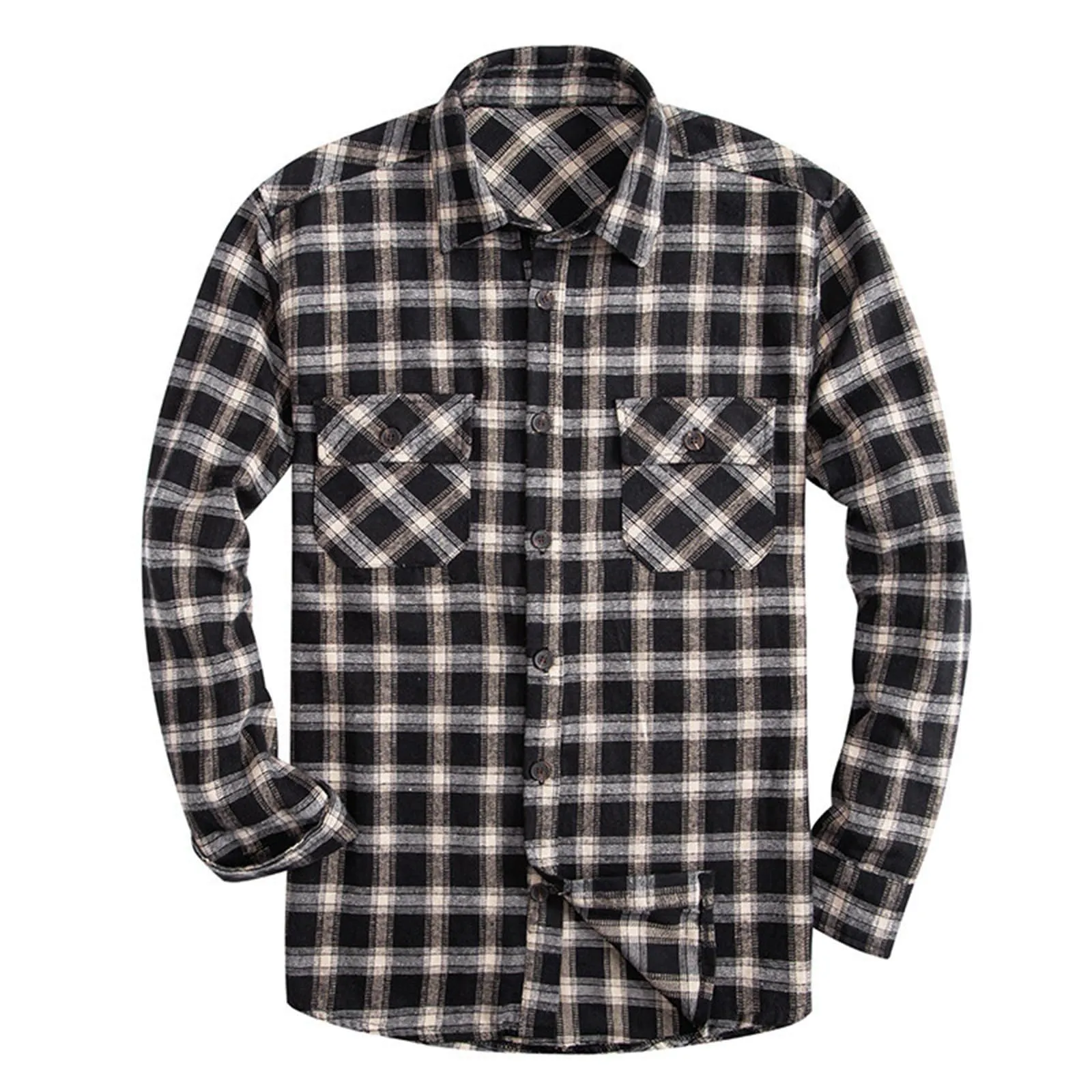 Mymyguoe Camicia a quadri da uomo, a maniche lunghe, con bottoni automatici a pressione, per il tempo libero, con tasca sul petto, vestibilità normale, per la transizione, in flanella, da lavoro, Nero - immagine 2
