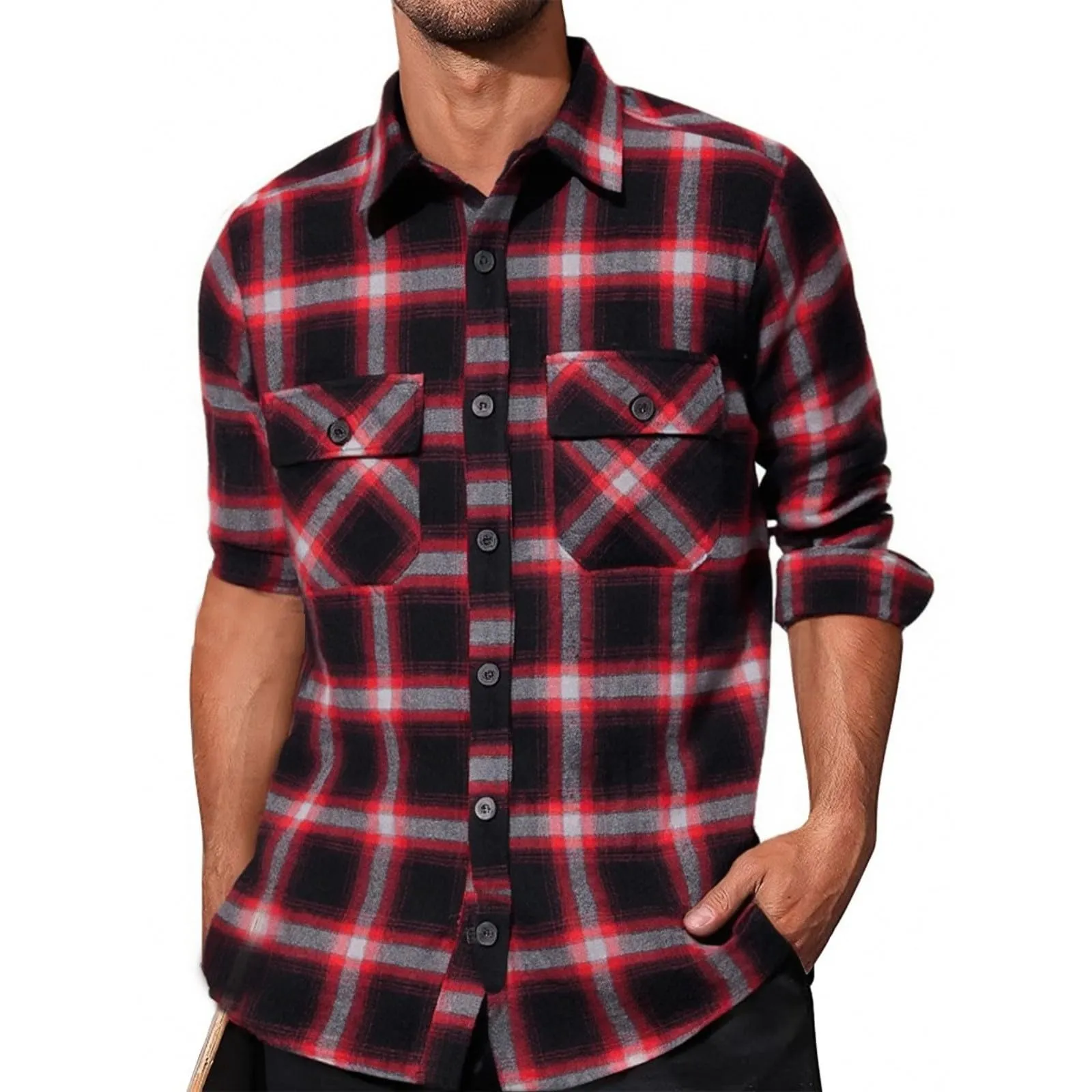 Mymyguoe Camicia a quadri da uomo, a maniche lunghe, con bottoni automatici a pressione, per il tempo libero, con tasca sul petto, vestibilità normale, per la transizione, in flanella, da lavoro - immagine 1