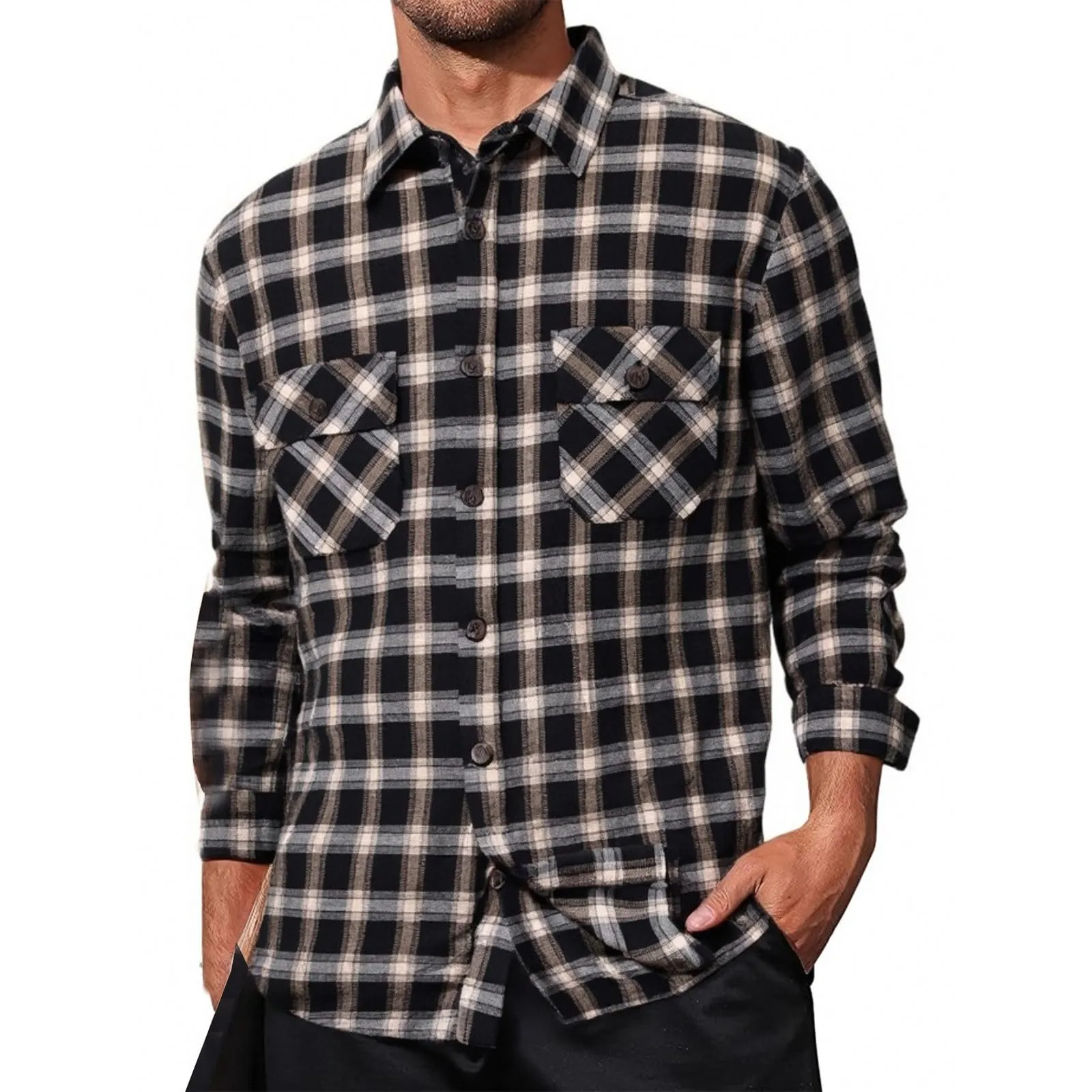 Mymyguoe Camicia a quadri da uomo, a maniche lunghe, con bottoni automatici a pressione, per il tempo libero, con tasca sul petto, vestibilità normale, per la transizione, in flanella, da lavoro, Nero - immagine 1