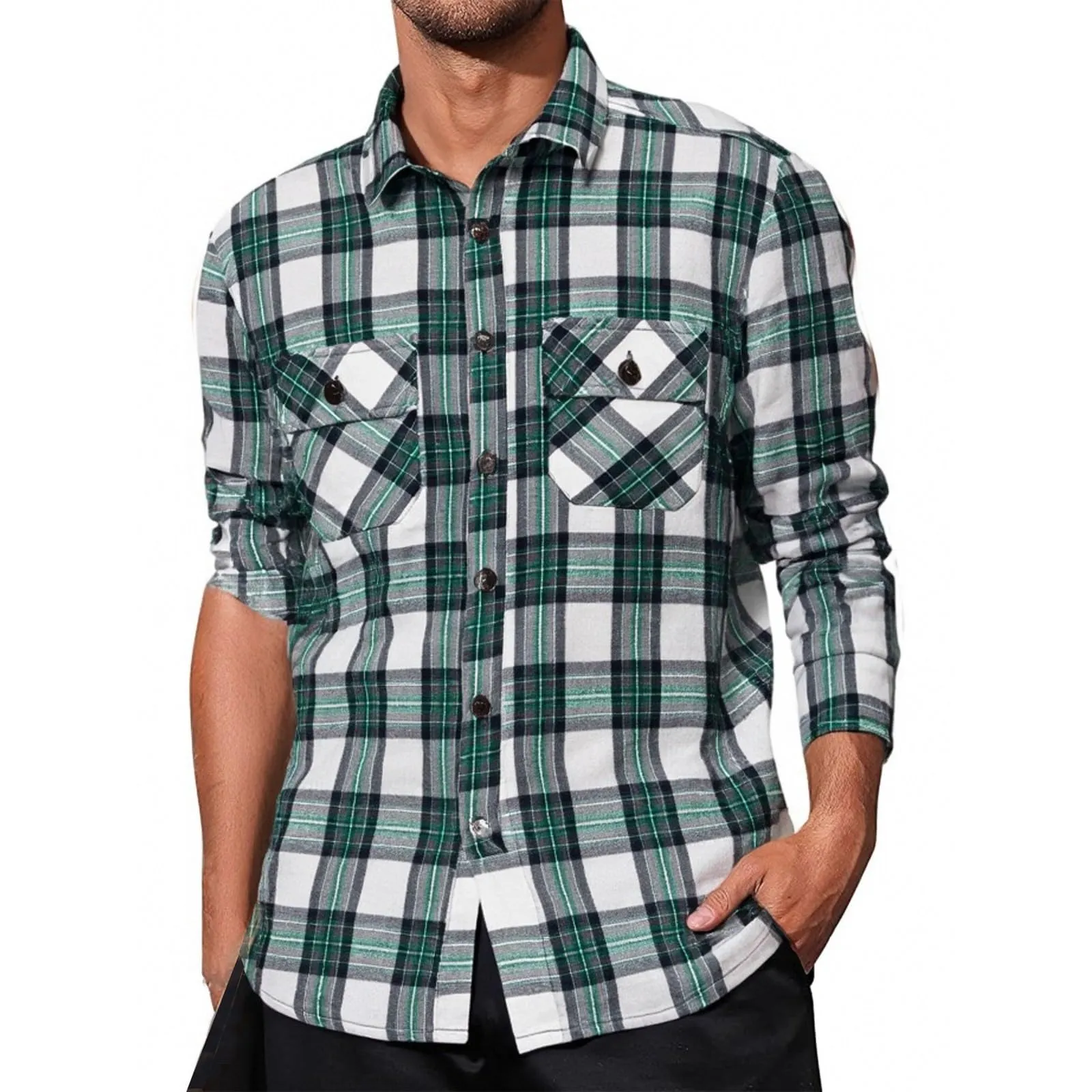 Mymyguoe Camicia a quadri da uomo, a maniche lunghe, con bottoni automatici a pressione, per il tempo libero, con tasca sul petto, vestibilità normale, per la transizione, in flanella, da lavoro - immagine 1