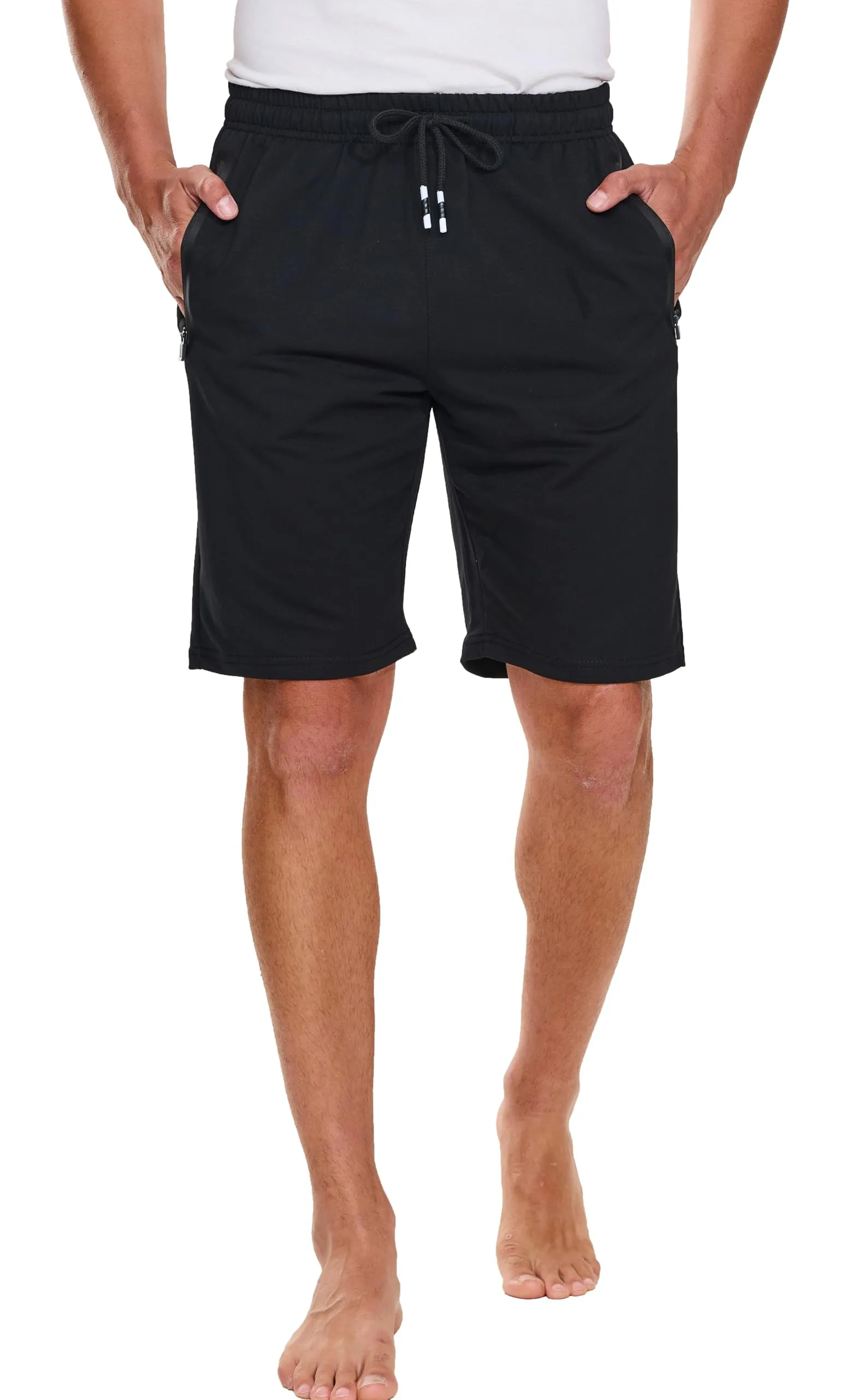 HCSS Pantaloncini Sportivi Uomo Running Shorts Cotone Tasche Zip(Nero-M) - immagine 2