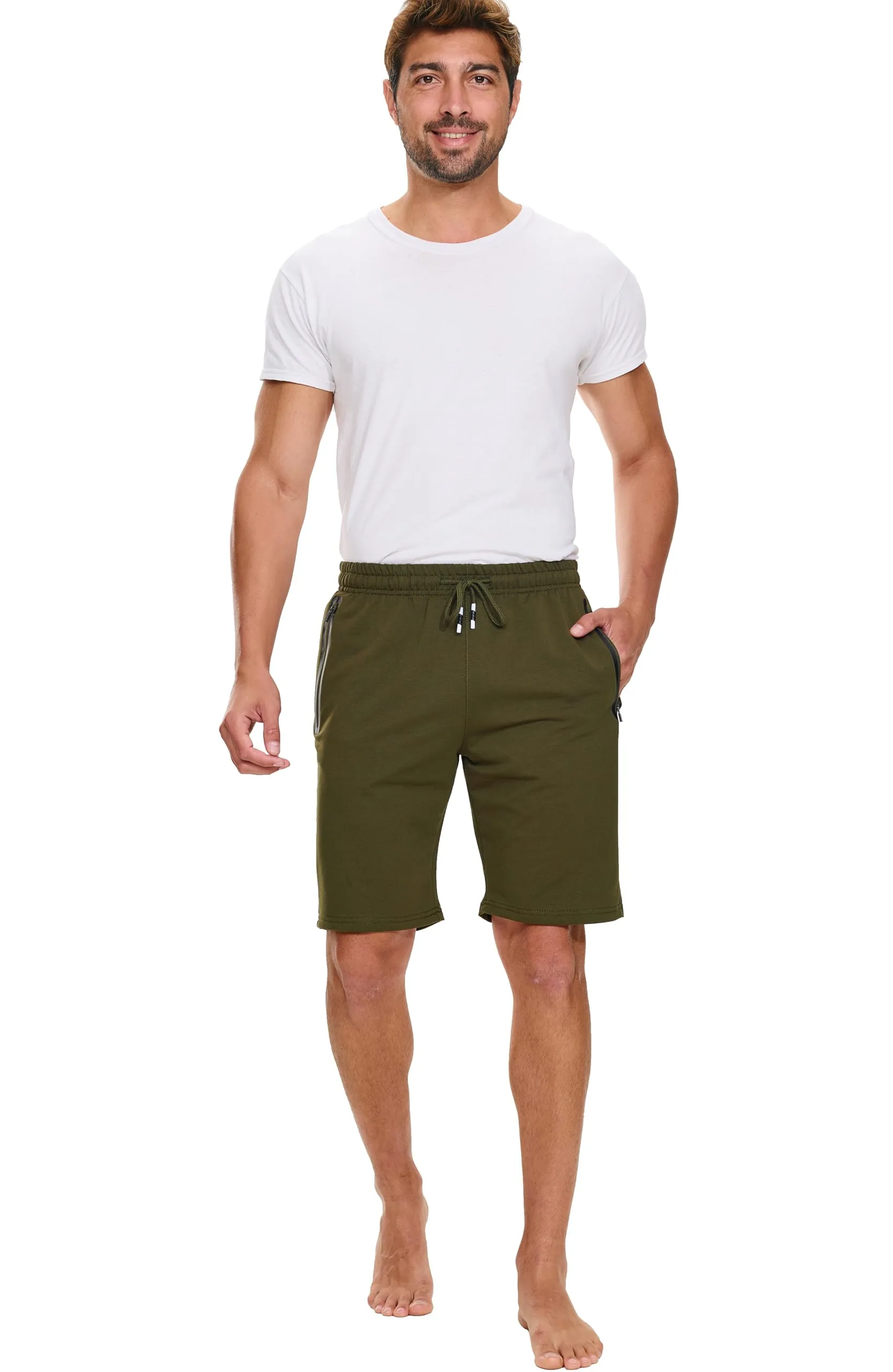 HCSS Pantaloncini Sportivi Uomo Running Shorts Cotone Tasche Zip(Verde-3XL) - immagine 4