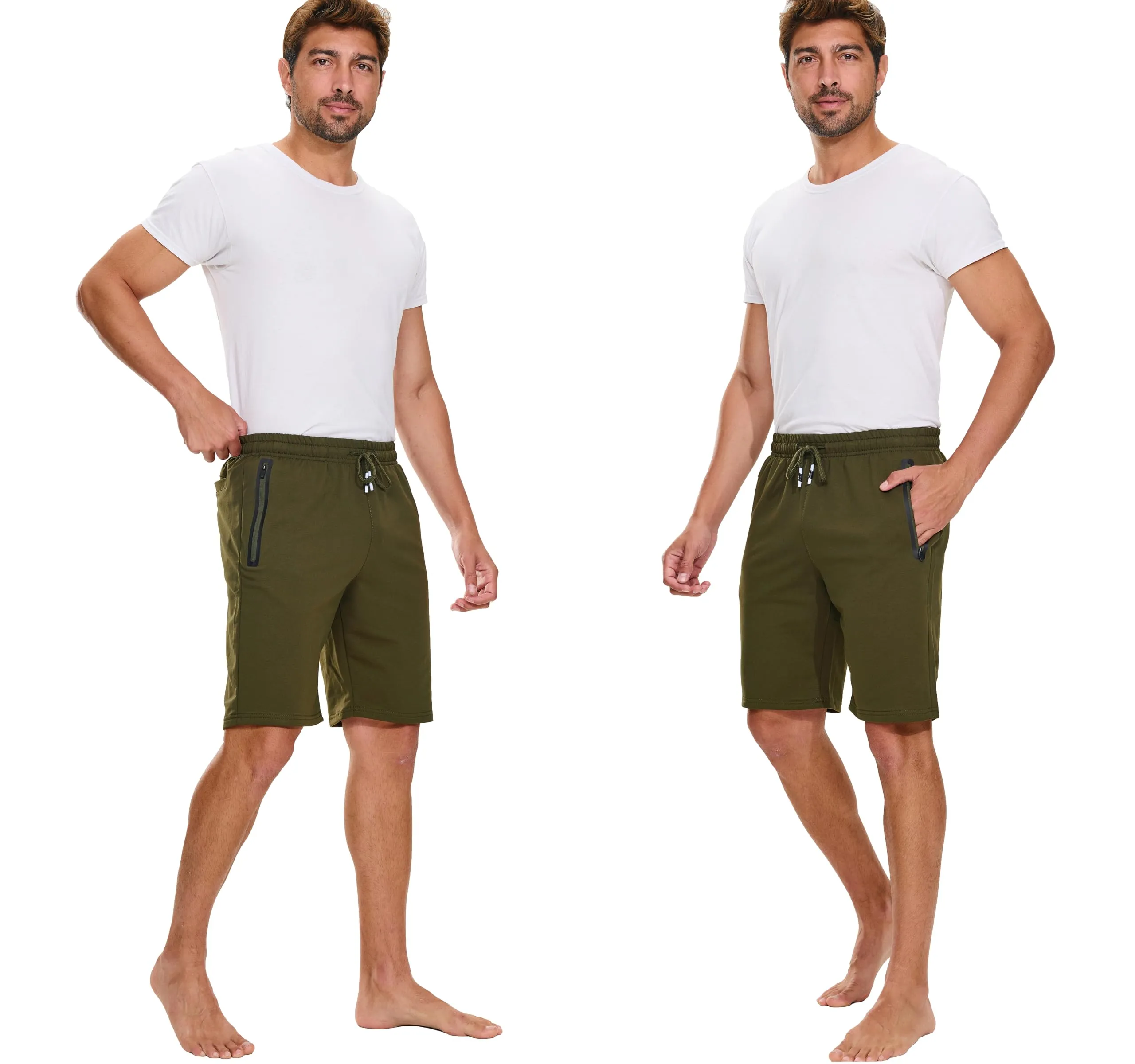HCSS Pantaloncini Sportivi Uomo Running Shorts Cotone Tasche Zip(Verde-M) - immagine 5