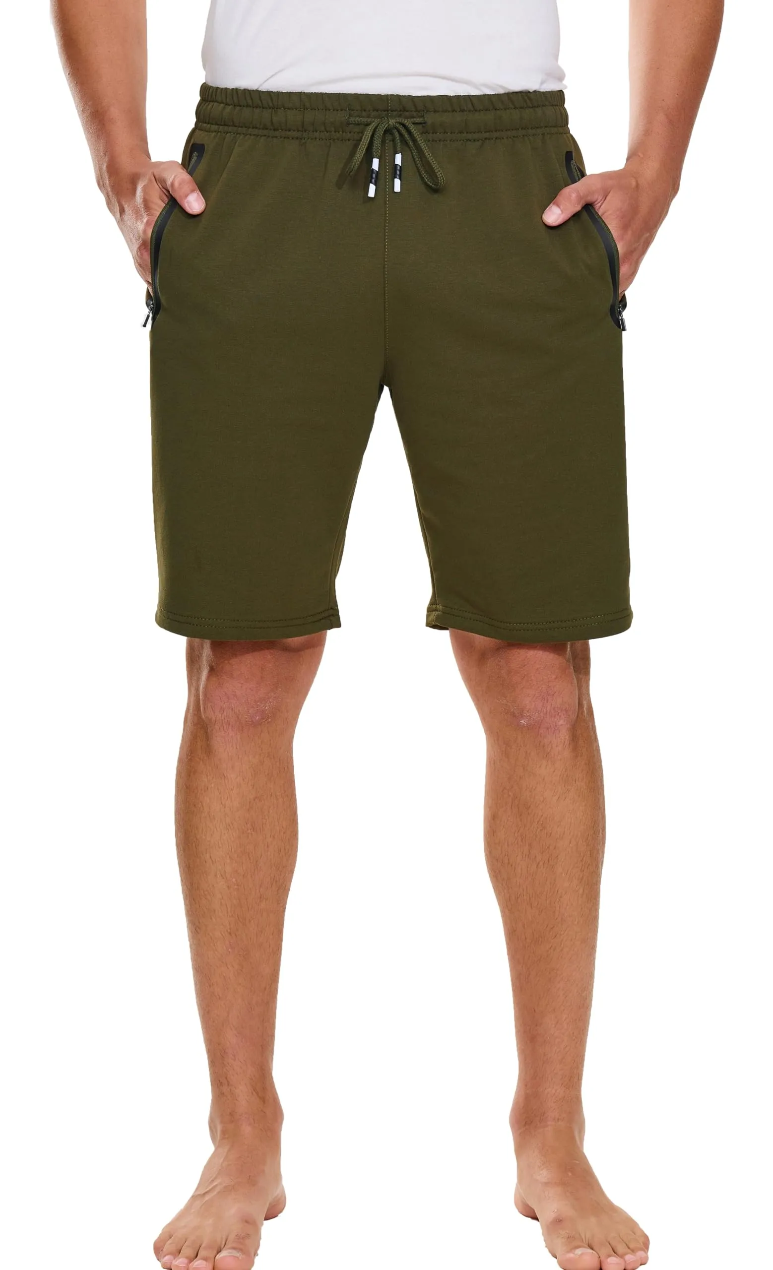 HCSS Pantaloncini Sportivi Uomo Running Shorts Cotone Tasche Zip(Verde-S) - immagine 2