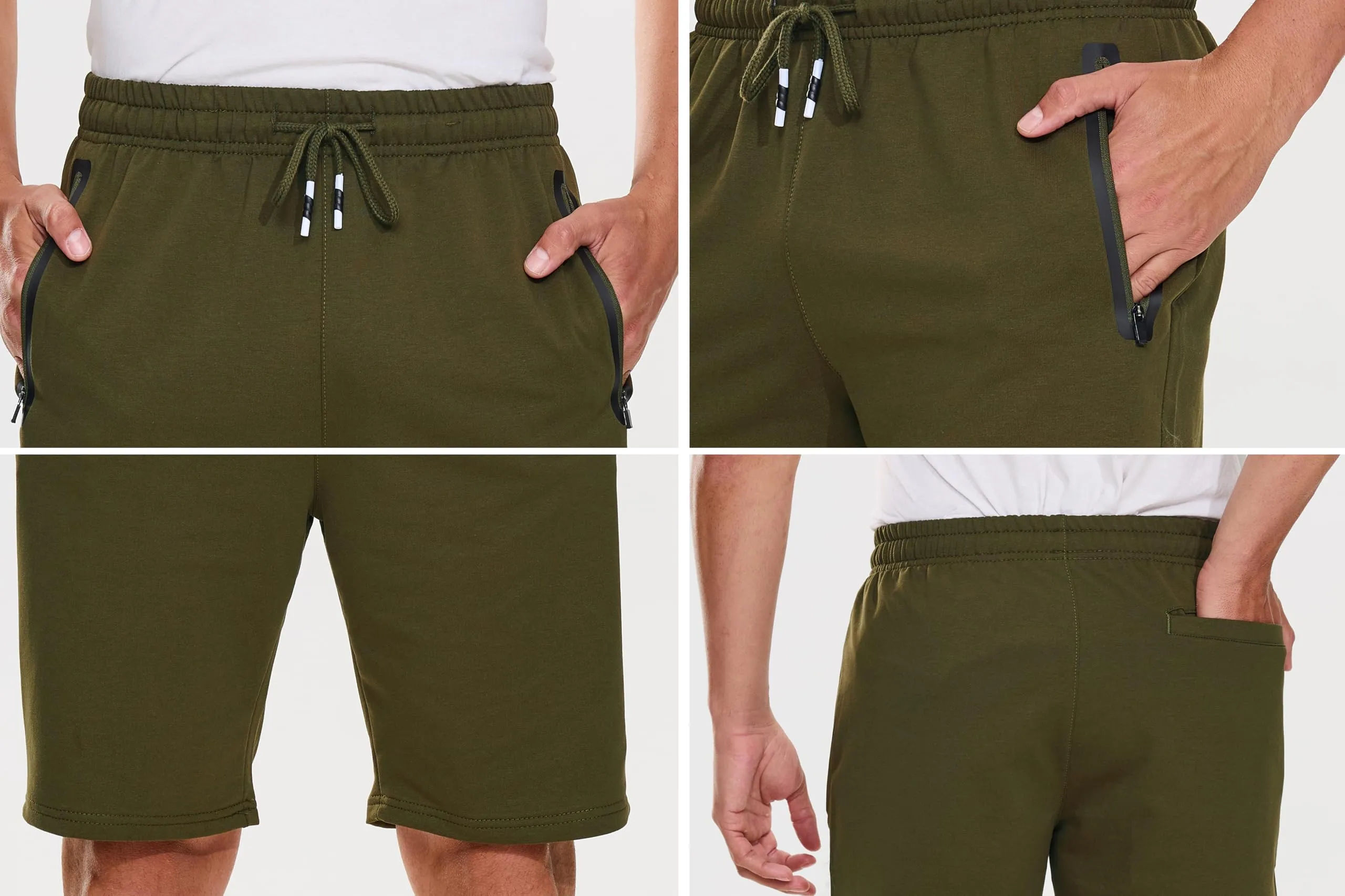 HCSS Pantaloncini Sportivi Uomo Running Shorts Cotone Tasche Zip(Verde-S) - immagine 6
