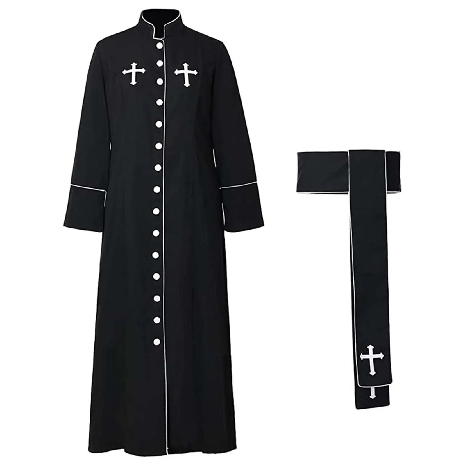 Costume da cosplay da uomo romano chiesa cattolica cappotto sacerdote abito con cintura papa vescovo parroco abito clero vestito con collo sciallato baggy adorazione robe sacerdotale cassock, Nero , S - immagine 6