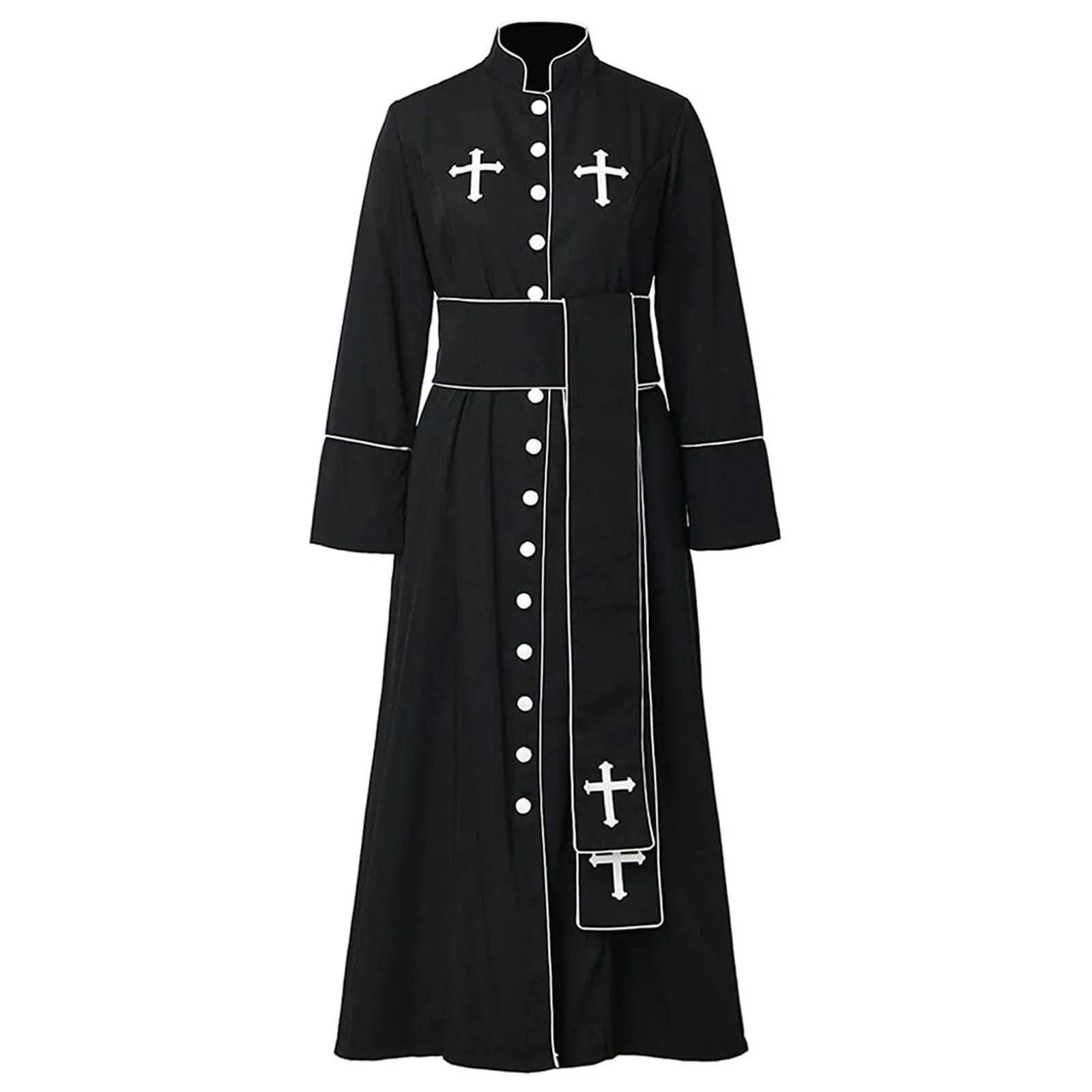 Costume da cosplay da uomo romano chiesa cattolica cappotto sacerdote abito con cintura papa vescovo parroco abito clero vestito con collo sciallato baggy adorazione robe sacerdotale cassock, Nero - immagine 5