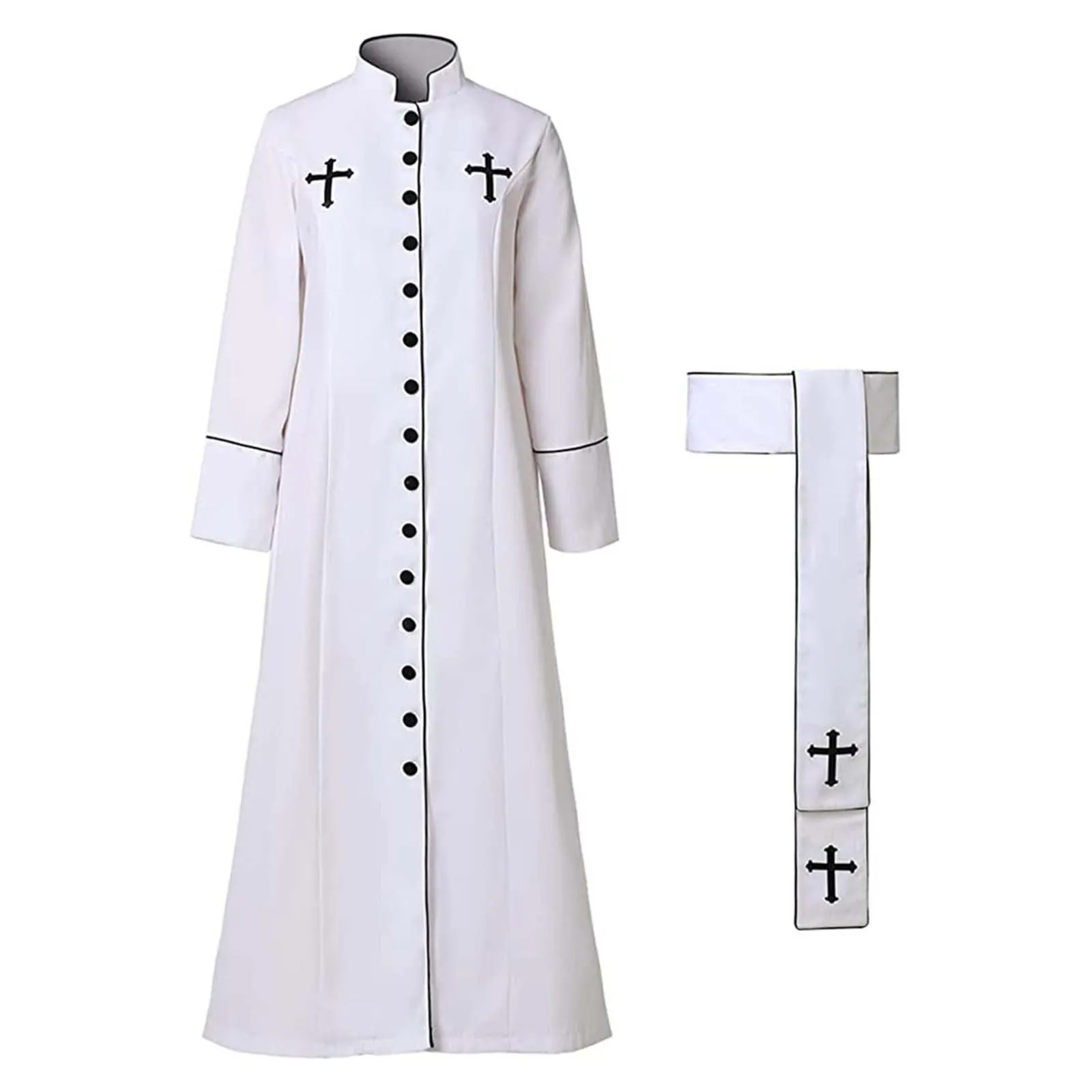 GXWYJMTE Costume Cosplay da Uomo Chiesa Cattolica Romana, Mantello da Sacerdote, Soutane con Cintura, Abiti per Papa, Vescovo, Prete, Vestiti per Clero con Colletto Scaloppato - immagine 4