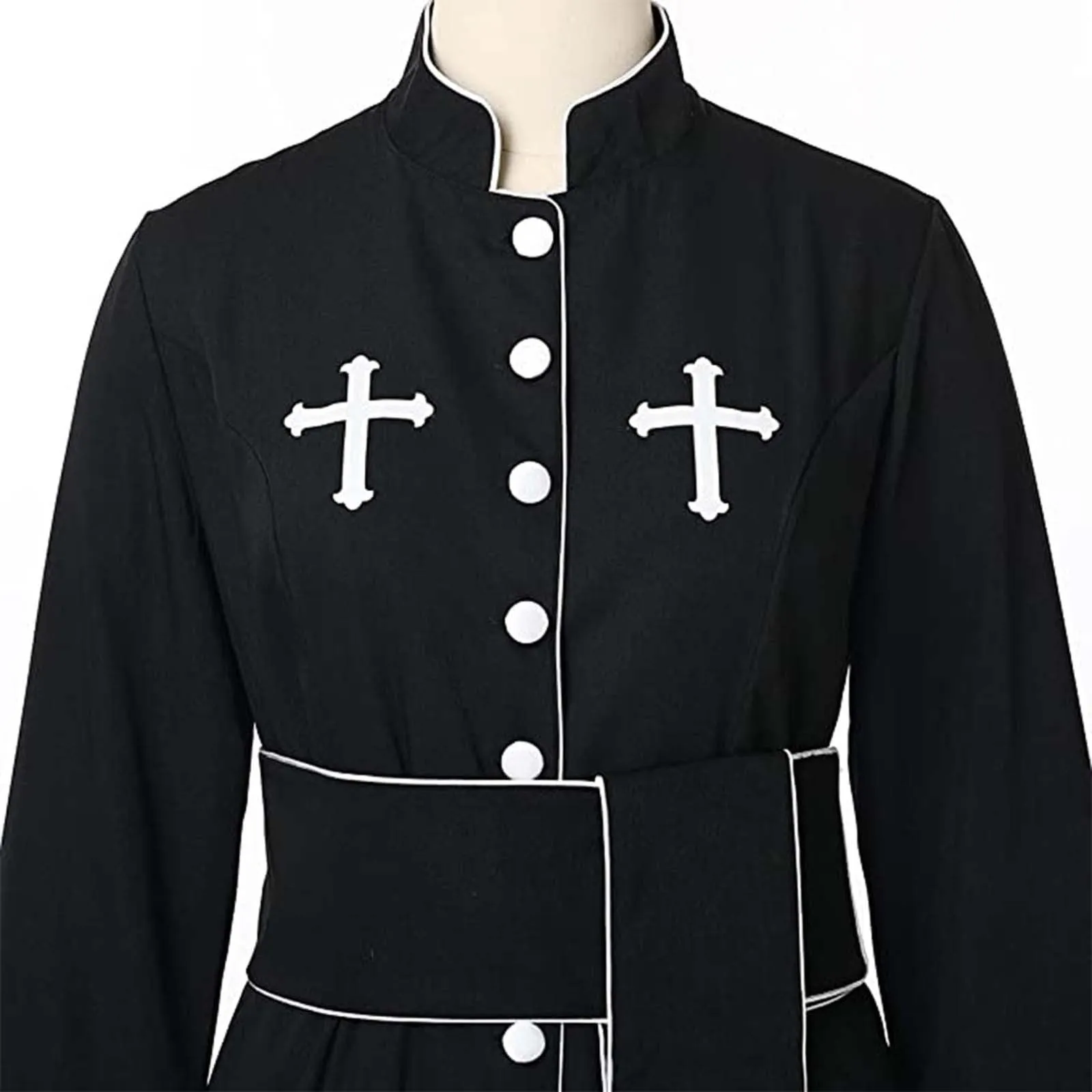 Costume da cosplay da uomo romano chiesa cattolica cappotto sacerdote abito con cintura papa vescovo parroco abito clero vestito con collo sciallato baggy adorazione robe sacerdotale cassock, Nero - immagine 4