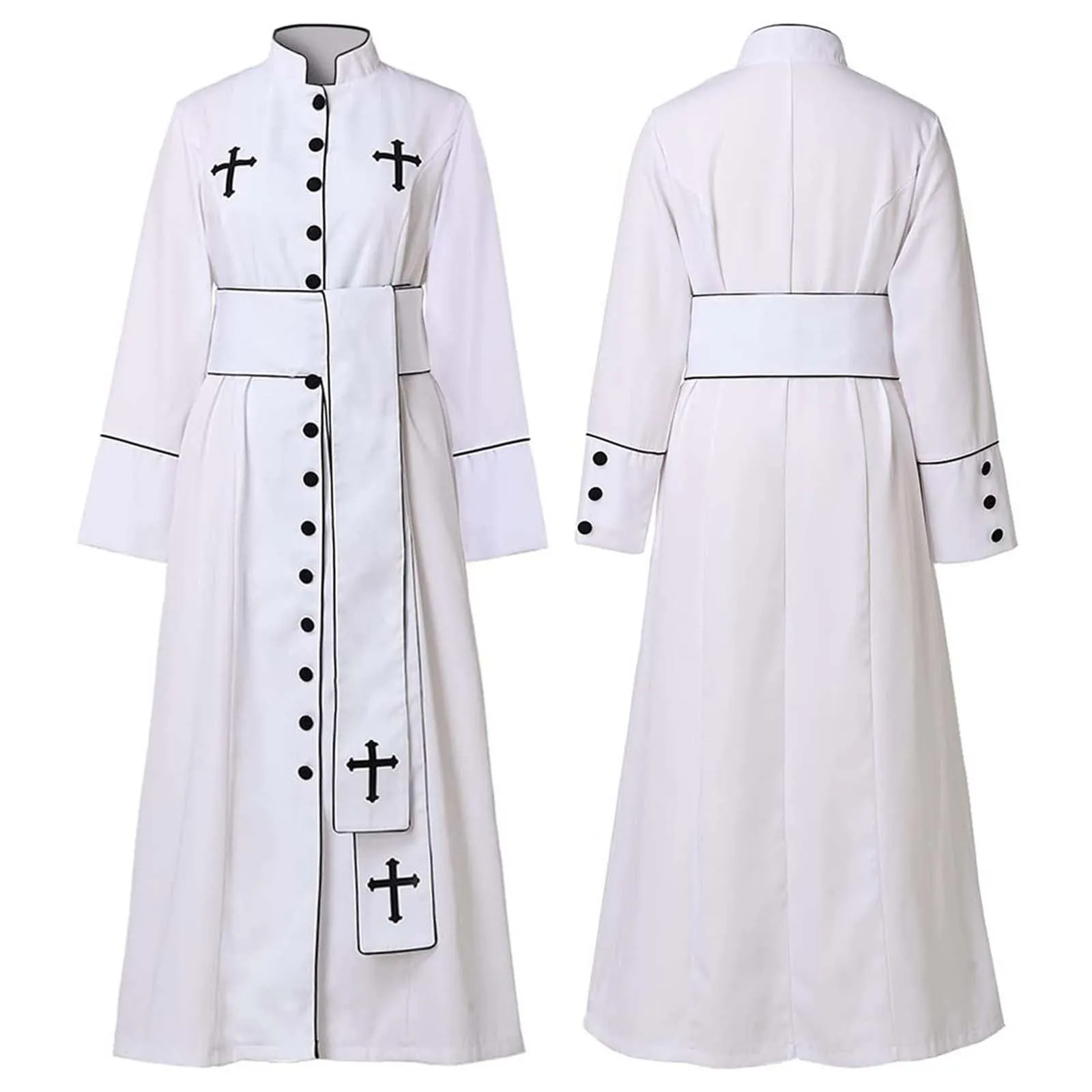 Costume da cosplay da uomo romano chiesa cattolica cappotto sacerdote abito con cintura papa vescovo parroco abito clero vestito con collo sciallato baggy adorazione robe sacerdotale cassock, bianco - immagine 1