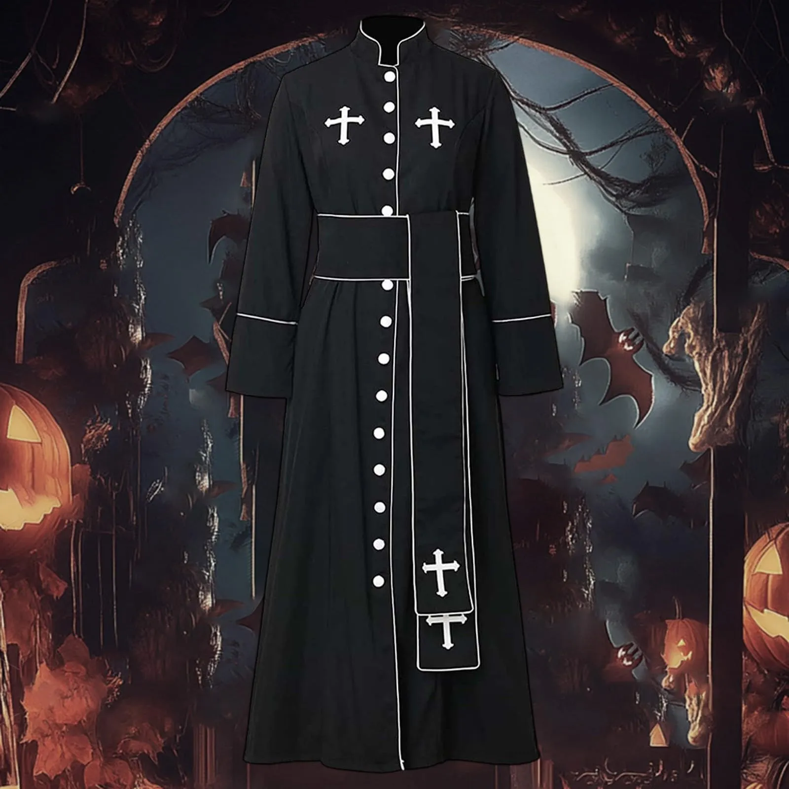 Costume da cosplay da uomo romano chiesa cattolica cappotto sacerdote abito con cintura papa vescovo parroco abito clero vestito con collo sciallato baggy adorazione robe sacerdotale cassock, Nero , M - immagine 2
