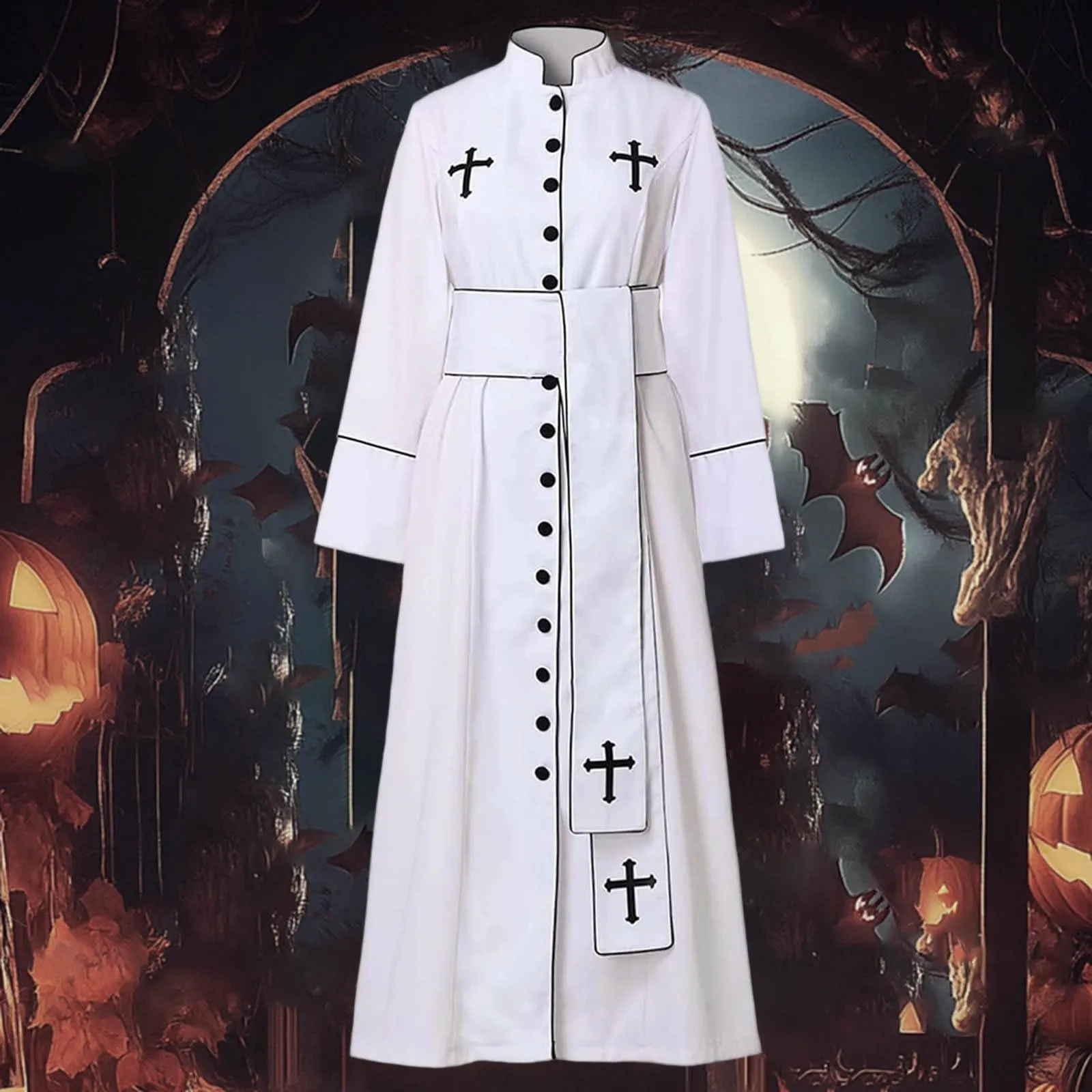 Costume da cosplay da uomo romano chiesa cattolica cappotto sacerdote abito con cintura papa vescovo parroco abito clero vestito con collo sciallato baggy adorazione robe sacerdotale cassock, bianco - immagine 2