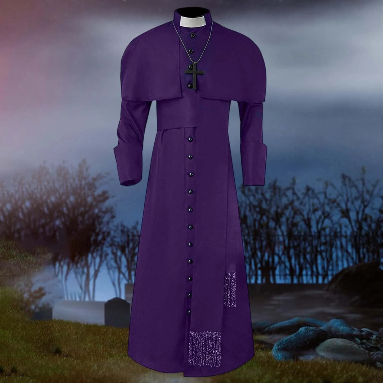 Costume da cosplay da uomo romano chiesa cattolica cappotto sacerdote abito con cintura papa vescovo parroco abito clero vestito con collo sciallato baggy adorazione robe sacerdotale cassock, Lilla - immagine 2