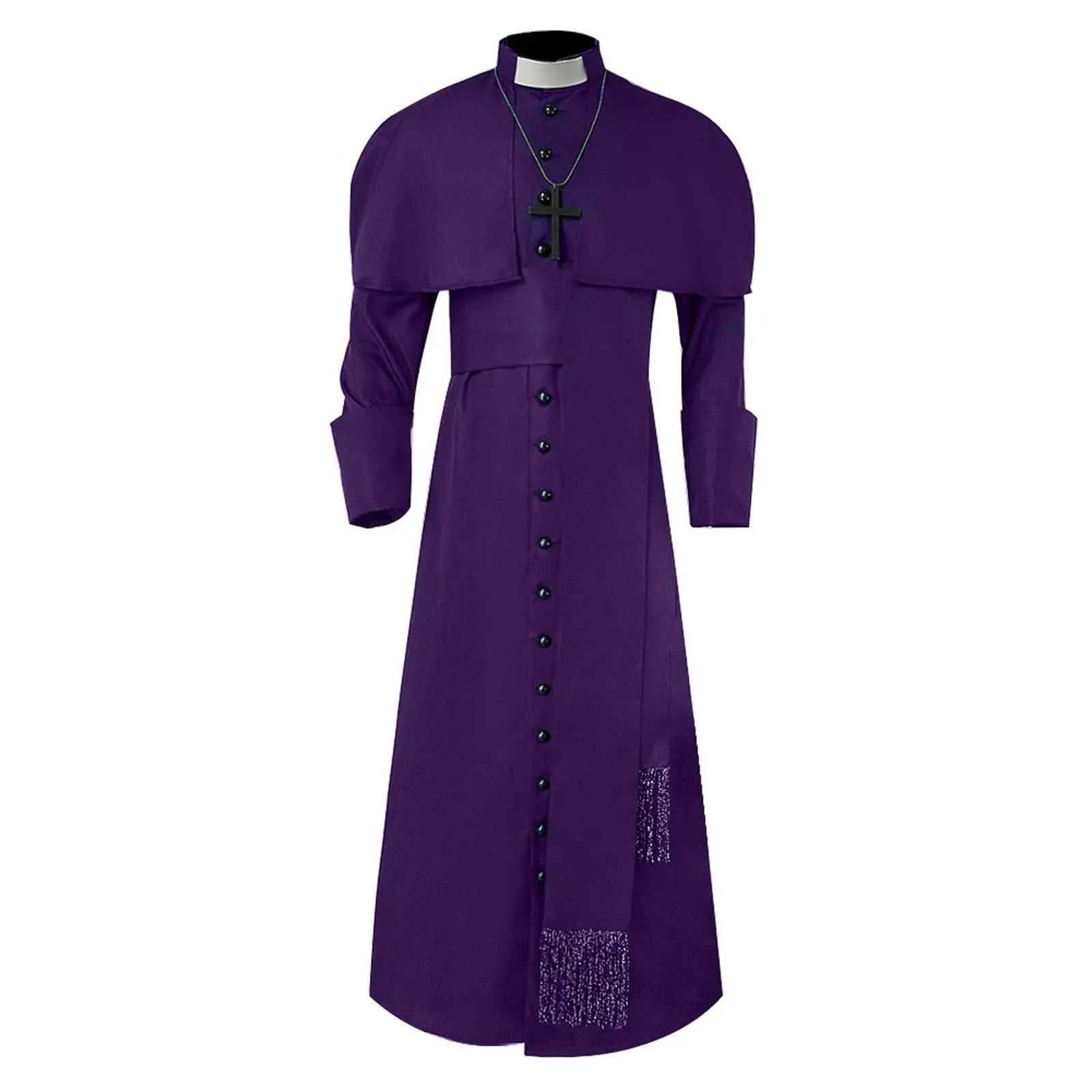 Costume da cosplay da uomo romano chiesa cattolica cappotto sacerdote abito con cintura papa vescovo parroco abito clero vestito con collo sciallato baggy adorazione robe sacerdotale cassock, Lilla - immagine 4