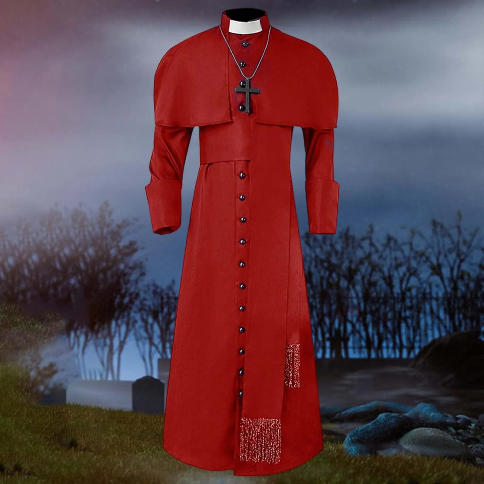 Costume Cosplay da Uomo per Chiesa Cattolica Romana - Mantello da Sacerdote, Soutane, Robe con Cintura, Abito da Papa, Vescovo, Parroco, Vestiti per Clero con Colletto Scaloppato - immagine 2