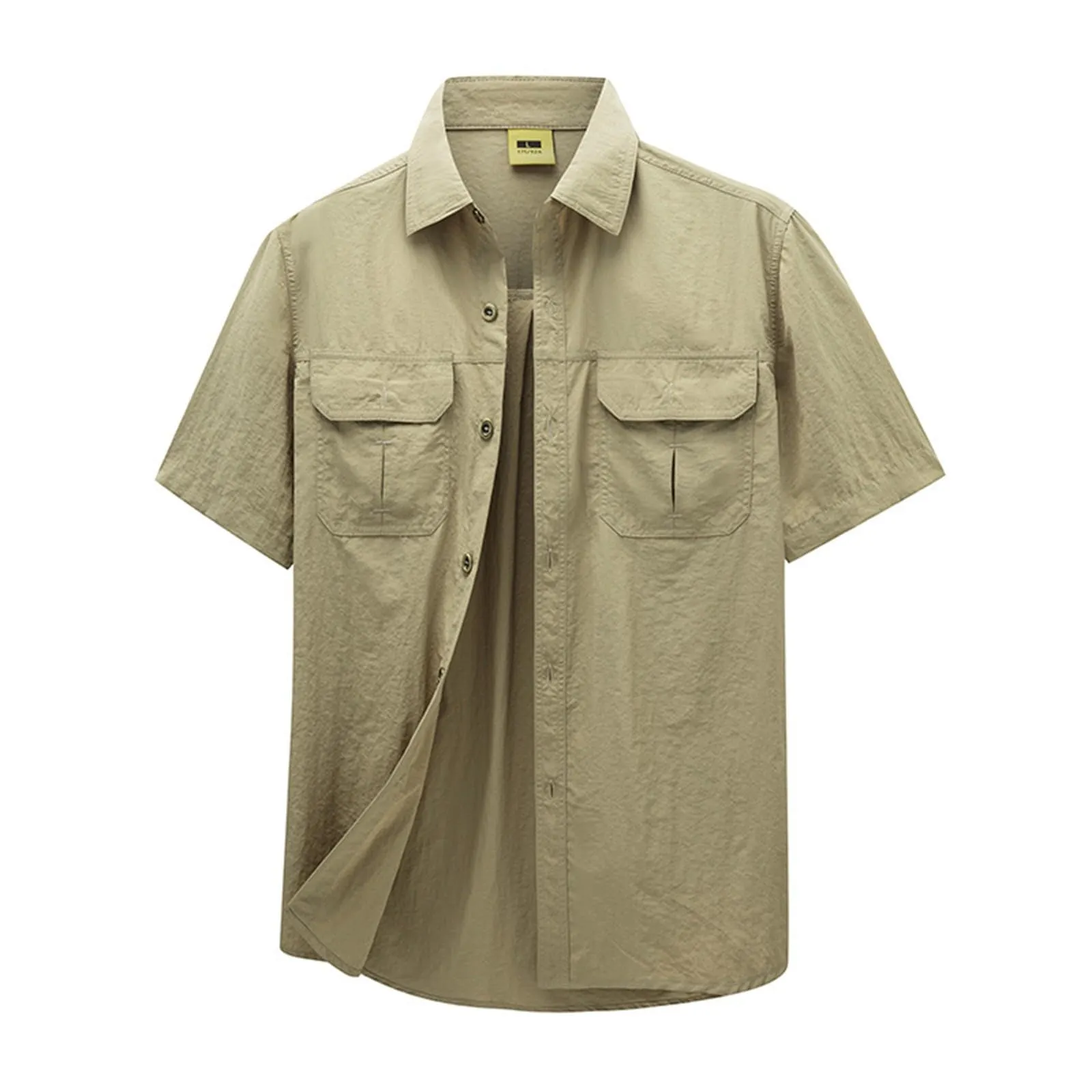 Tobysper Camicia da lavoro da uomo, a maniche corte, estiva, leggera, in tinta unita, per il tempo libero, da uomo, a maniche corte, slim fit, da lavoro, con bottoni, risvolto, cachi, 5XL - immagine 2
