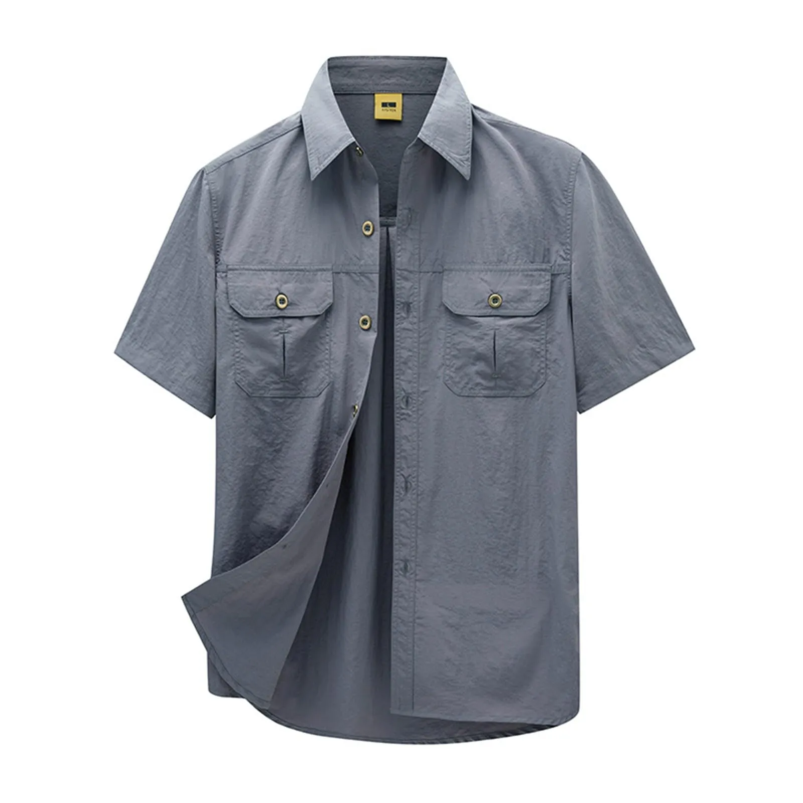 Tobysper Camicia da lavoro da uomo, a maniche corte, estiva, leggera, in tinta unita, per il tempo libero, da uomo, a maniche corte, slim fit, da lavoro, con bottoni, risvolto, grigio., 3XL - immagine 2