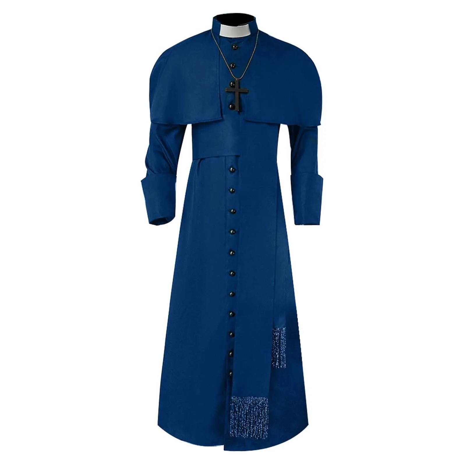 Costume da cosplay da uomo romano chiesa cattolica cappotto sacerdote abito con cintura papa vescovo parroco abito clero vestito con collo sciallato baggy adorazione robe sacerdotale cassock, Blu, XXL - immagine 4