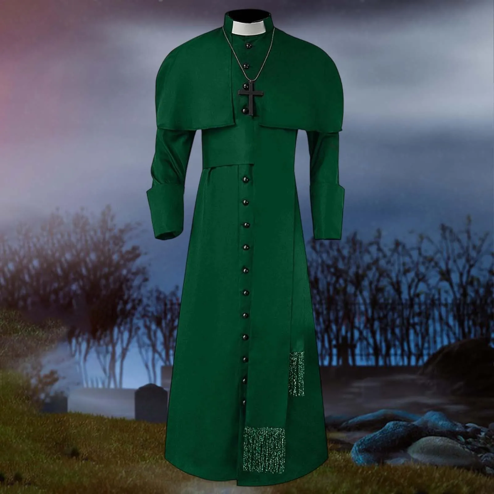 Costume da cosplay da uomo romano chiesa cattolica cappotto sacerdote abito con cintura papa vescovo parroco abito clero vestito con collo sciallato baggy adorazione robe sacerdotale cassock, verde - immagine 2