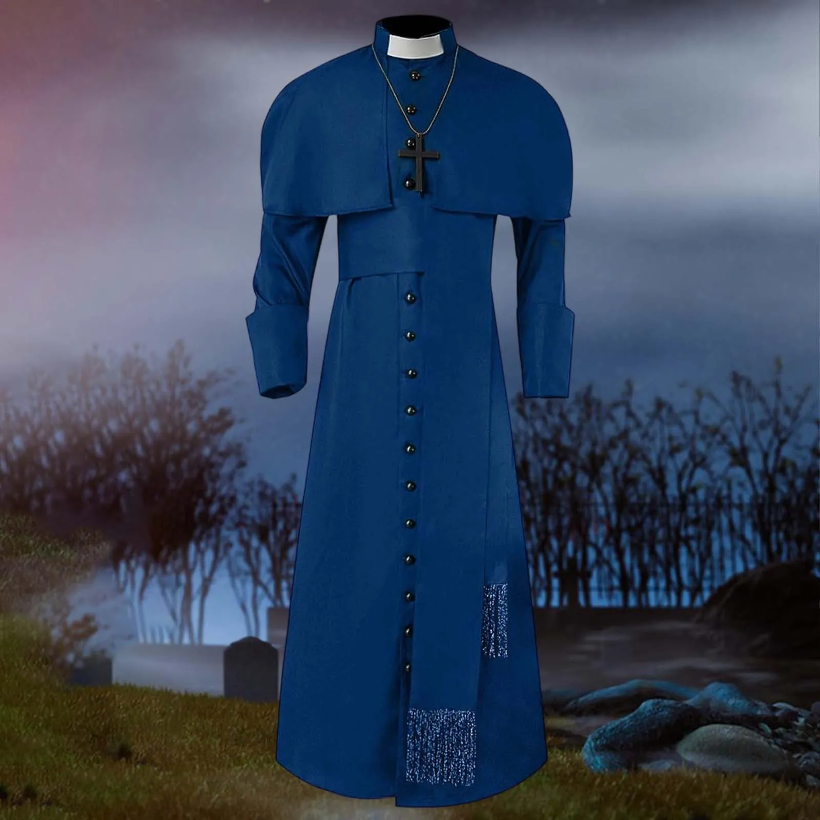Costume da cosplay da uomo romano chiesa cattolica cappotto sacerdote abito con cintura papa vescovo parroco abito clero vestito con collo sciallato baggy adorazione robe sacerdotale cassock, Blu, S - immagine 2