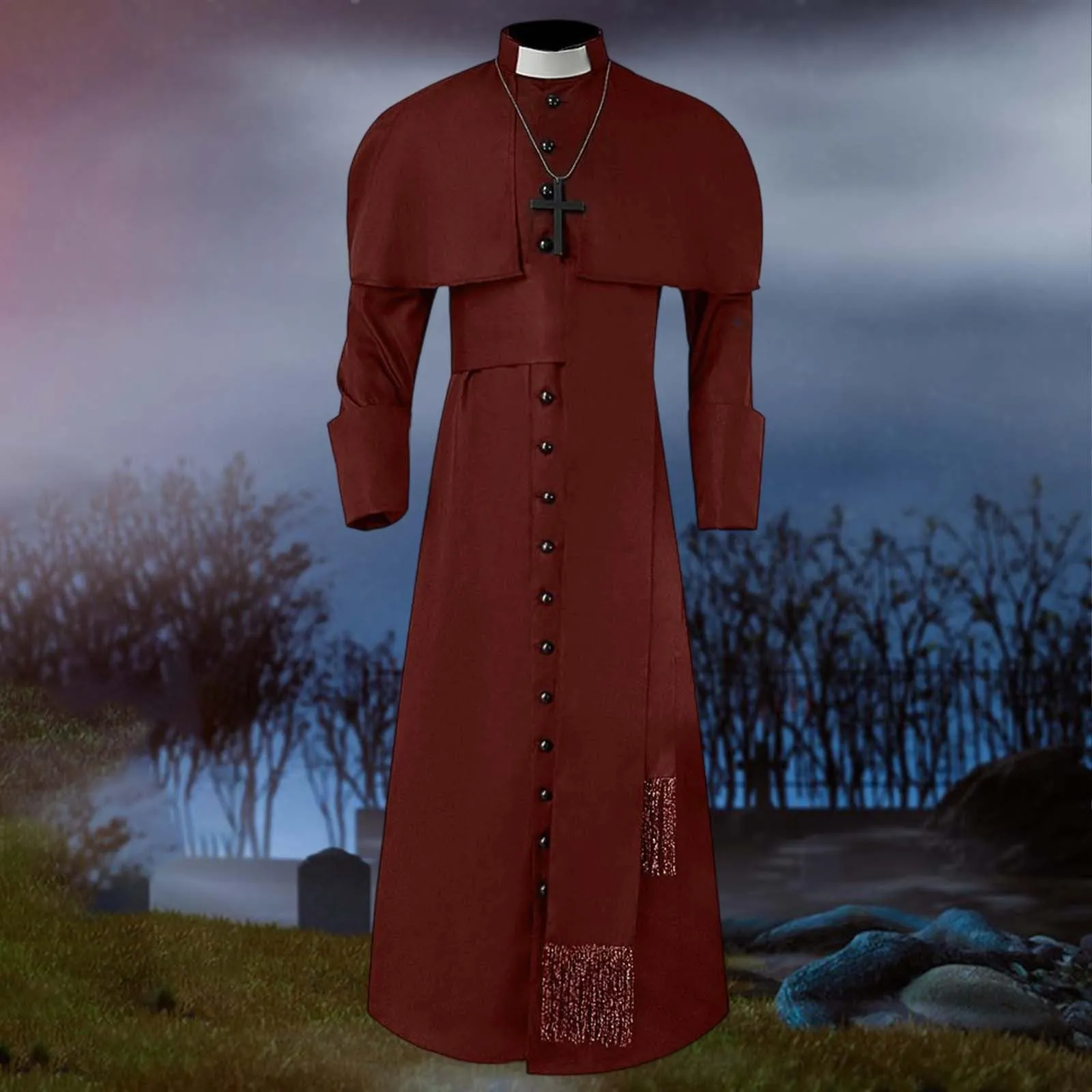 Costume da cosplay da uomo romano chiesa cattolica cappotto sacerdote abito con cintura papa vescovo parroco abito clero vestito con collo sciallato baggy adorazione robe sacerdotale cassock, rosso - immagine 2
