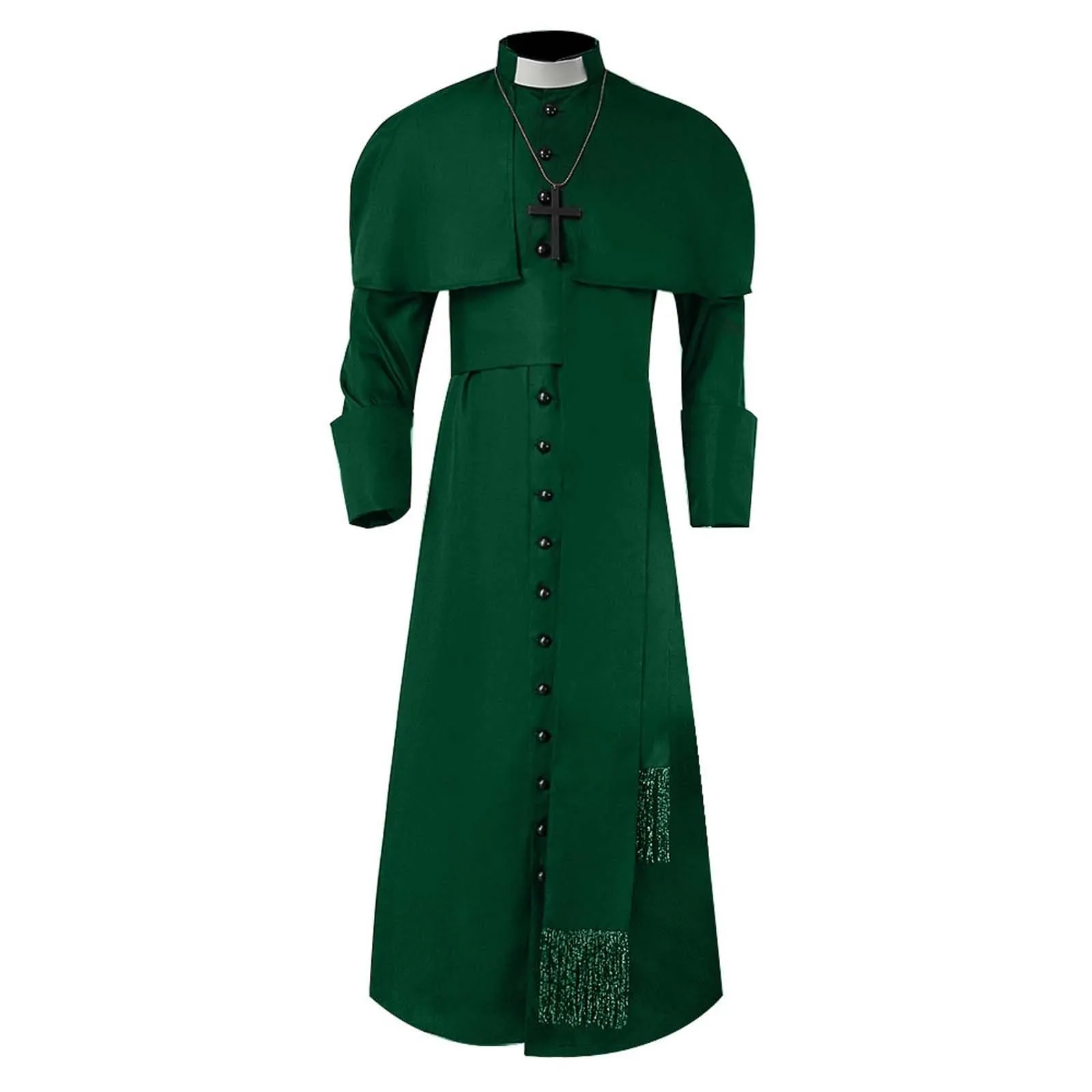 Costume da cosplay da uomo romano chiesa cattolica cappotto sacerdote abito con cintura papa vescovo parroco abito clero vestito con collo sciallato baggy adorazione robe sacerdotale cassock, verde - immagine 1