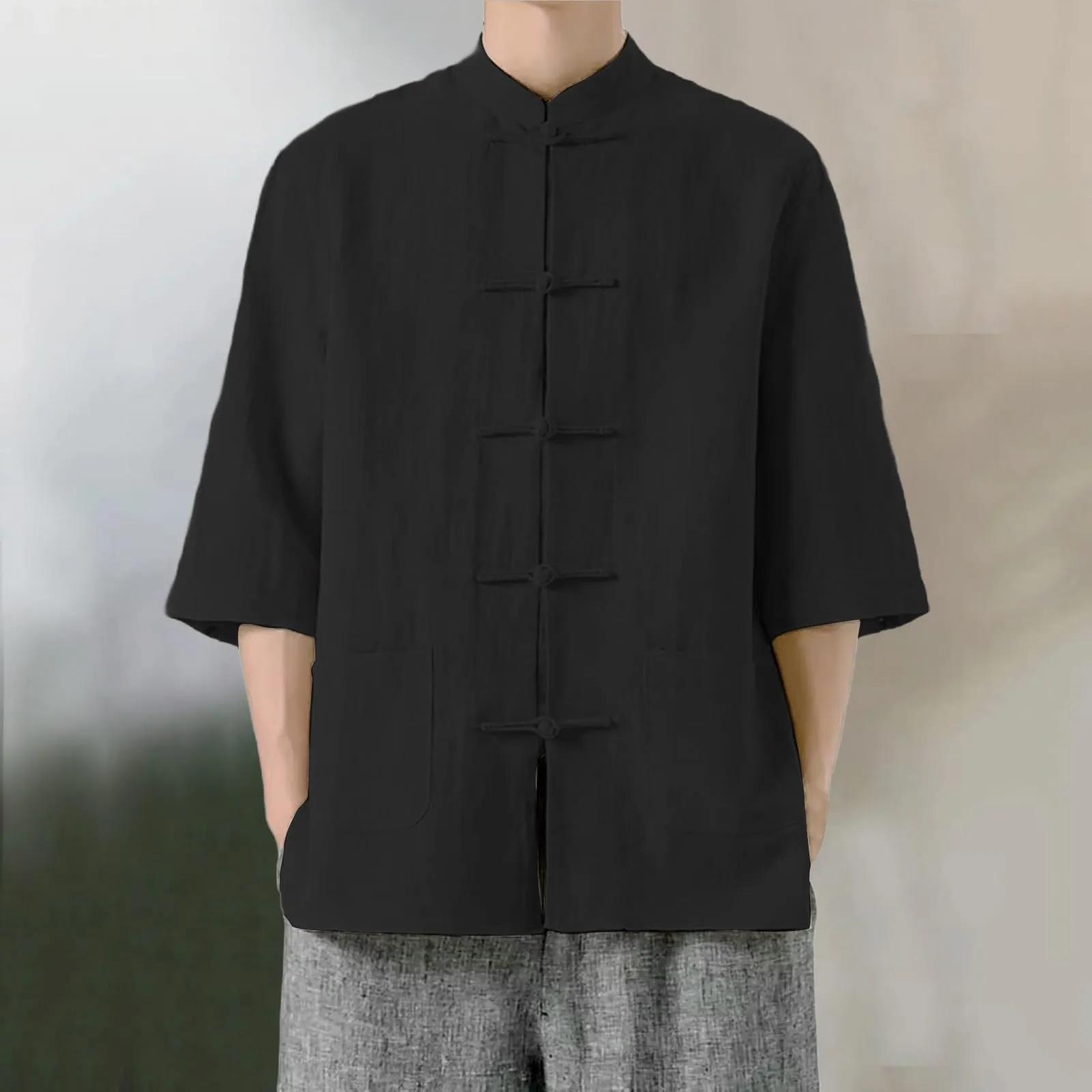Generico Camicia Flanella Uomo Camicia Lino Coreana Colletto Manica Corta Tradizionale Asiatica Casual Traspirante Ampia vestibilità (Black, L) - immagine 2